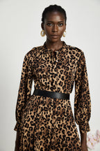 Geneviève leopar midi elbise