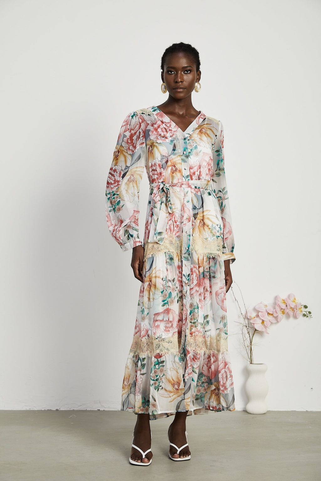 Zoë dantel desenli midi elbise