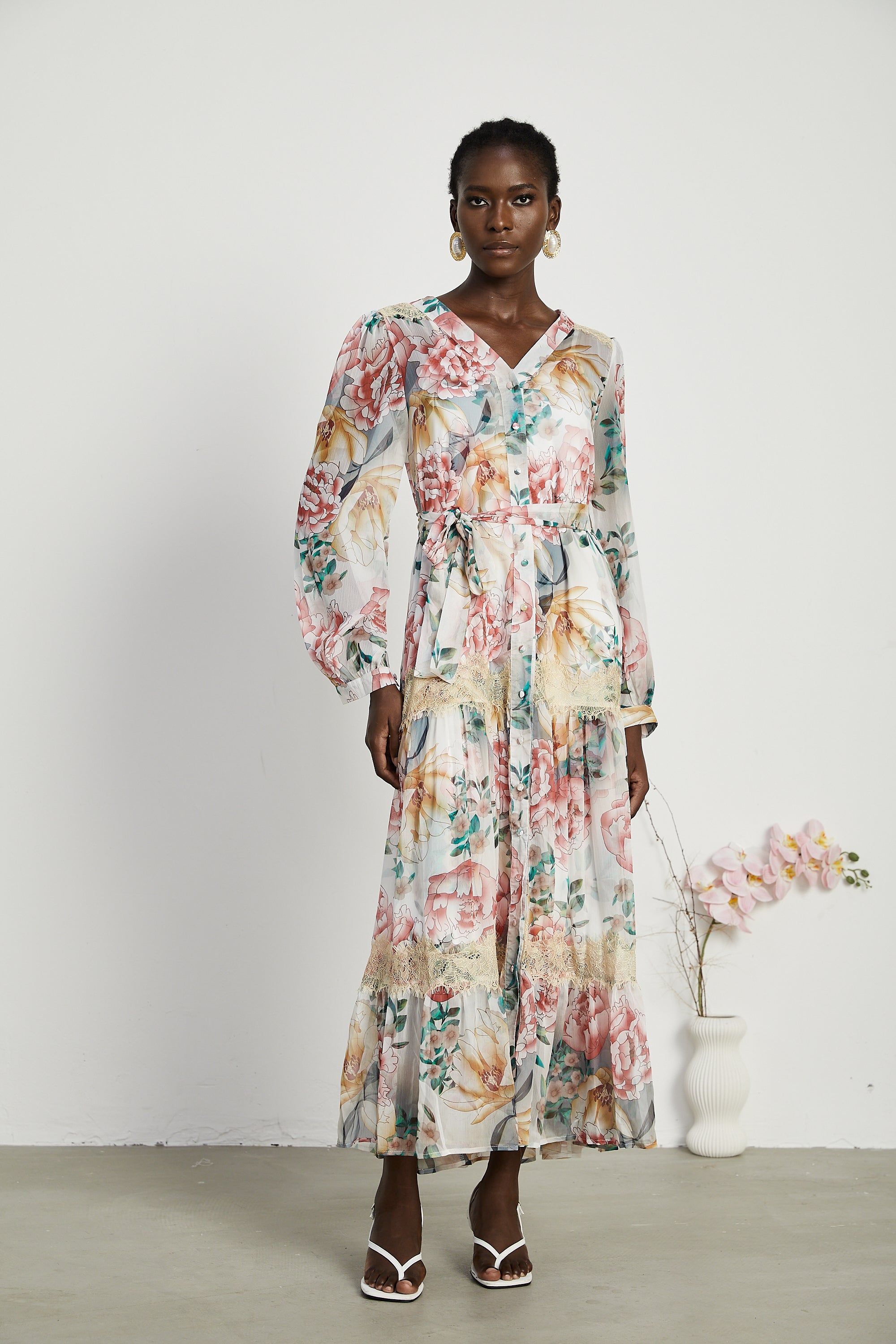 Zoë dantel desenli midi elbise