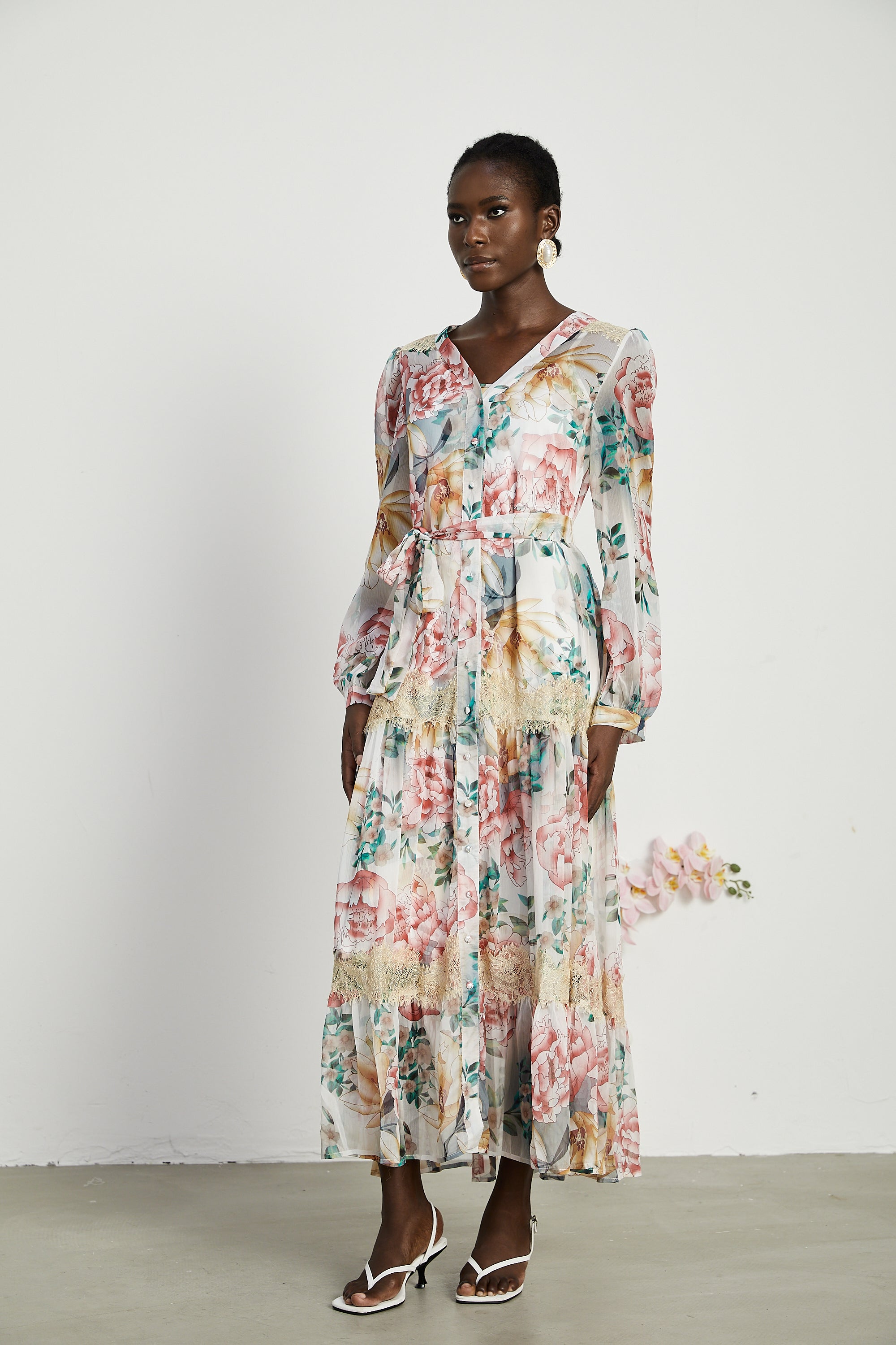 Zoë dantel desenli midi elbise