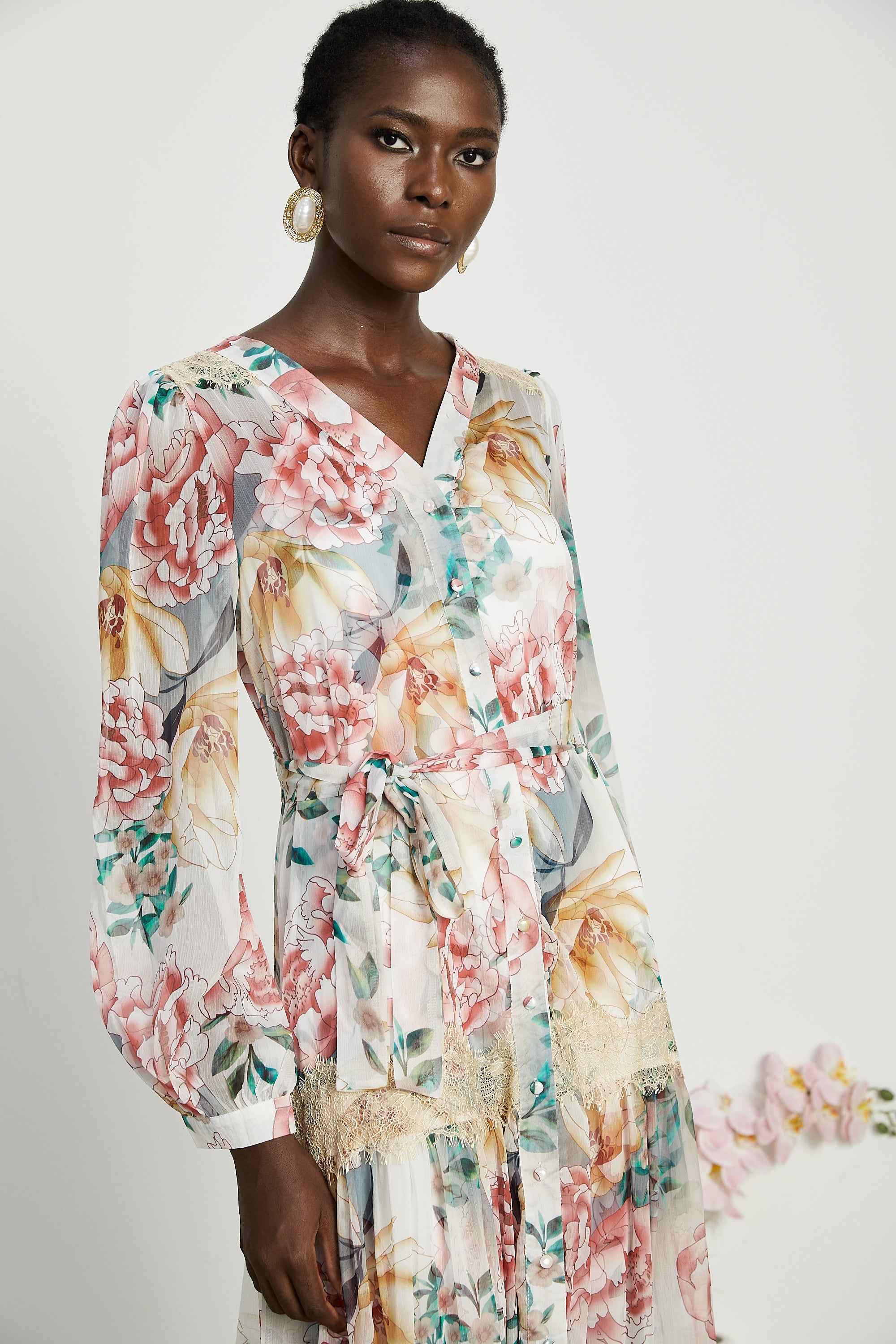 Zoë dantel desenli midi elbise