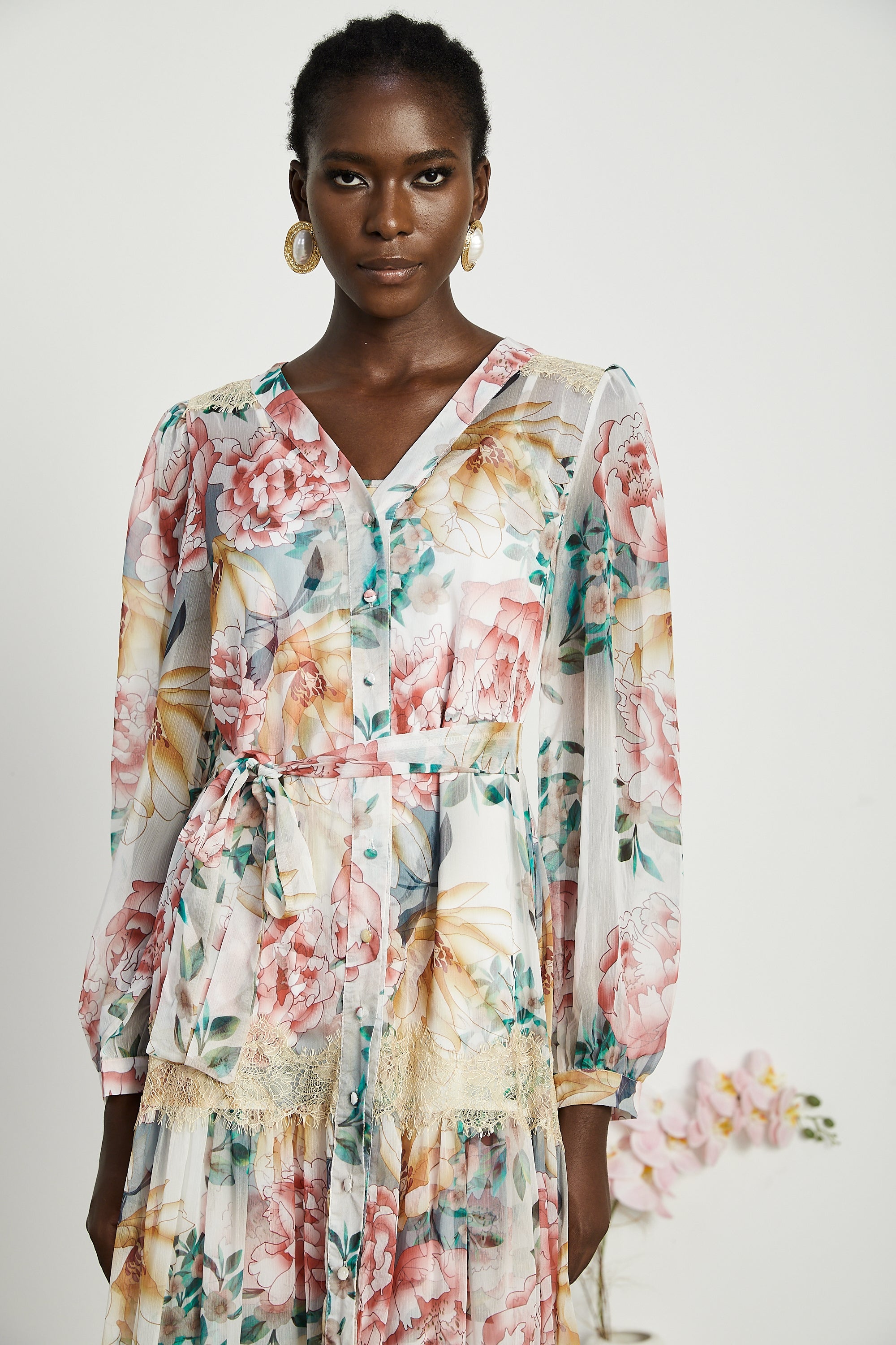 Zoë dantel desenli midi elbise