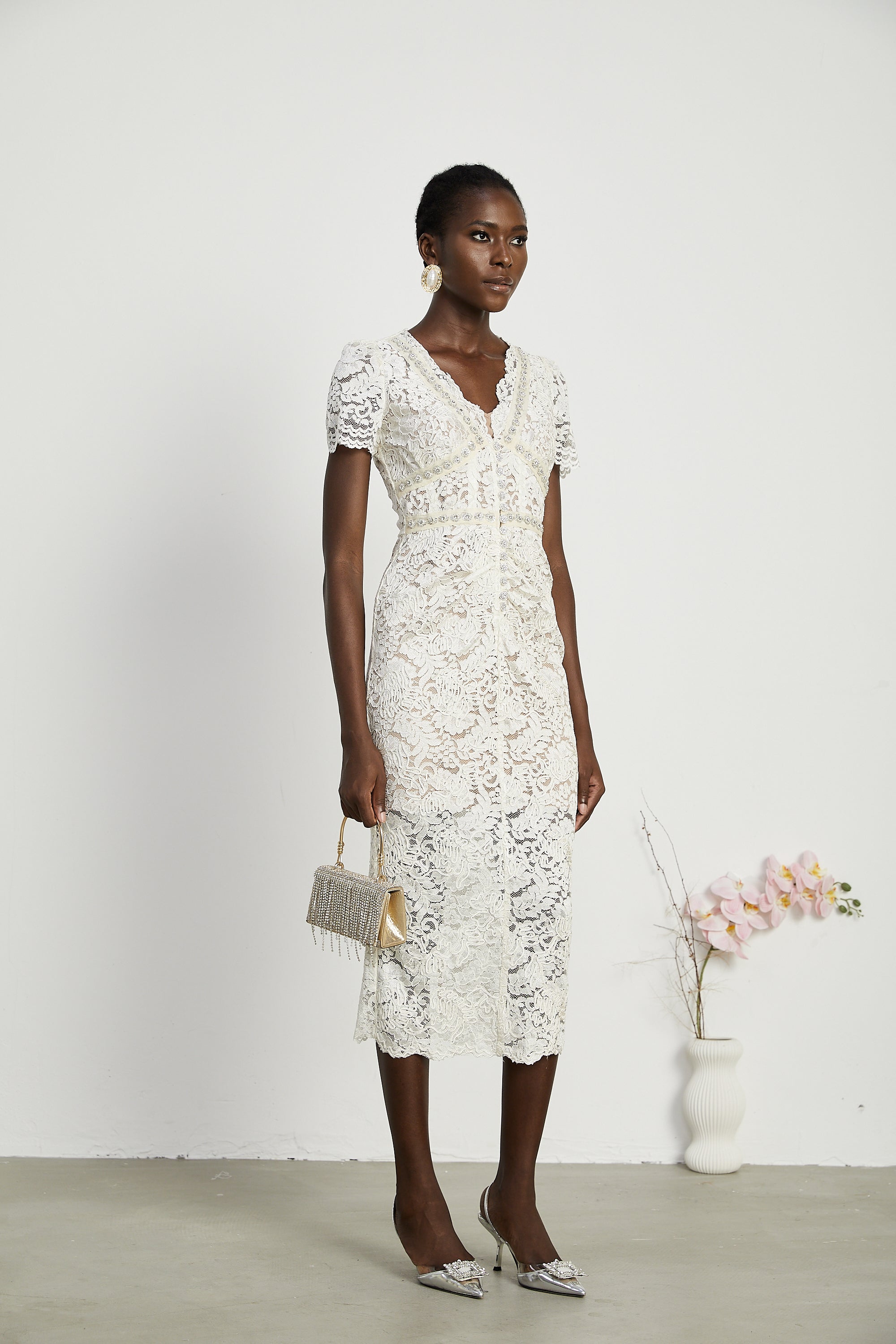 Kalena dantel midi elbise