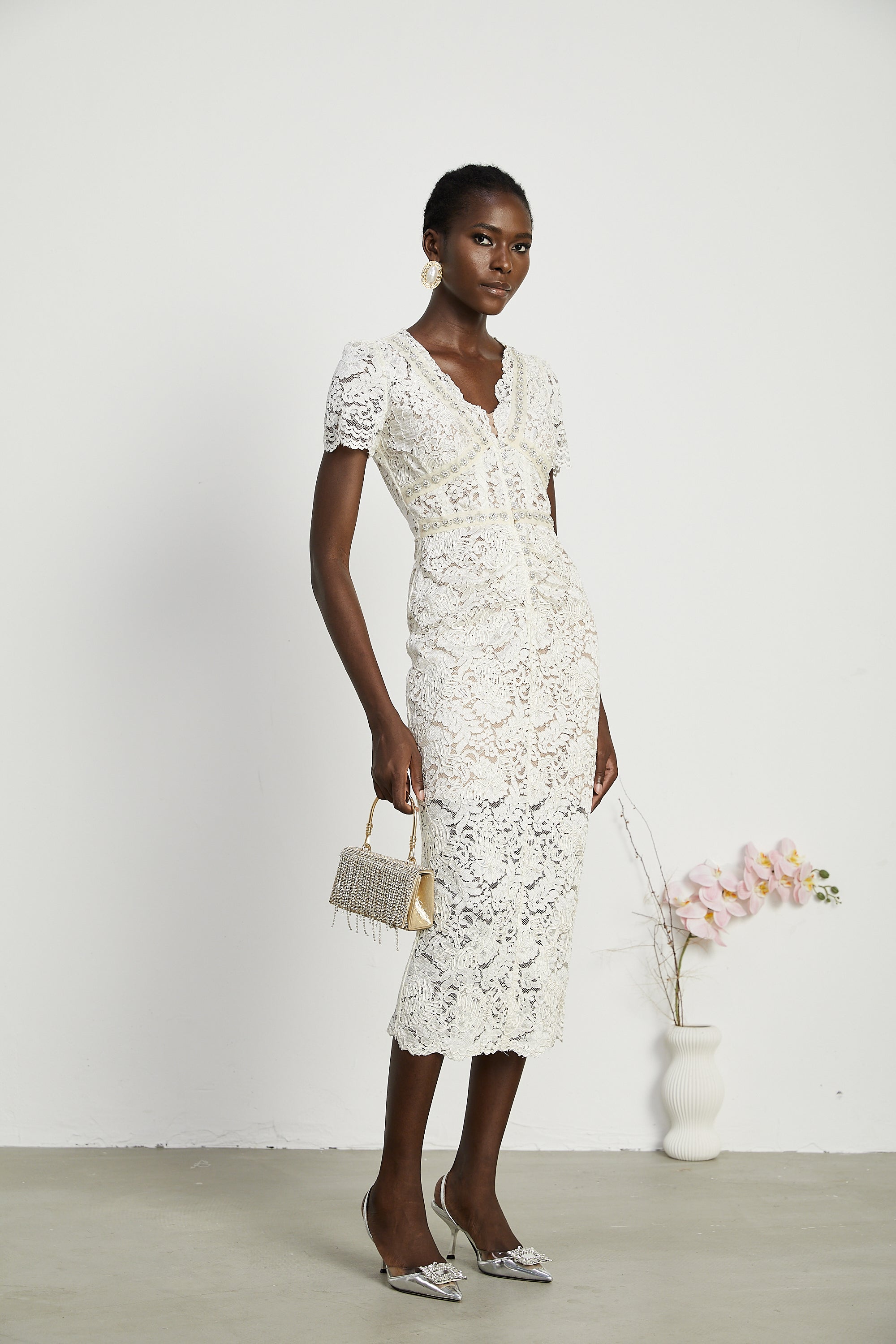 Kalena dantel midi elbise