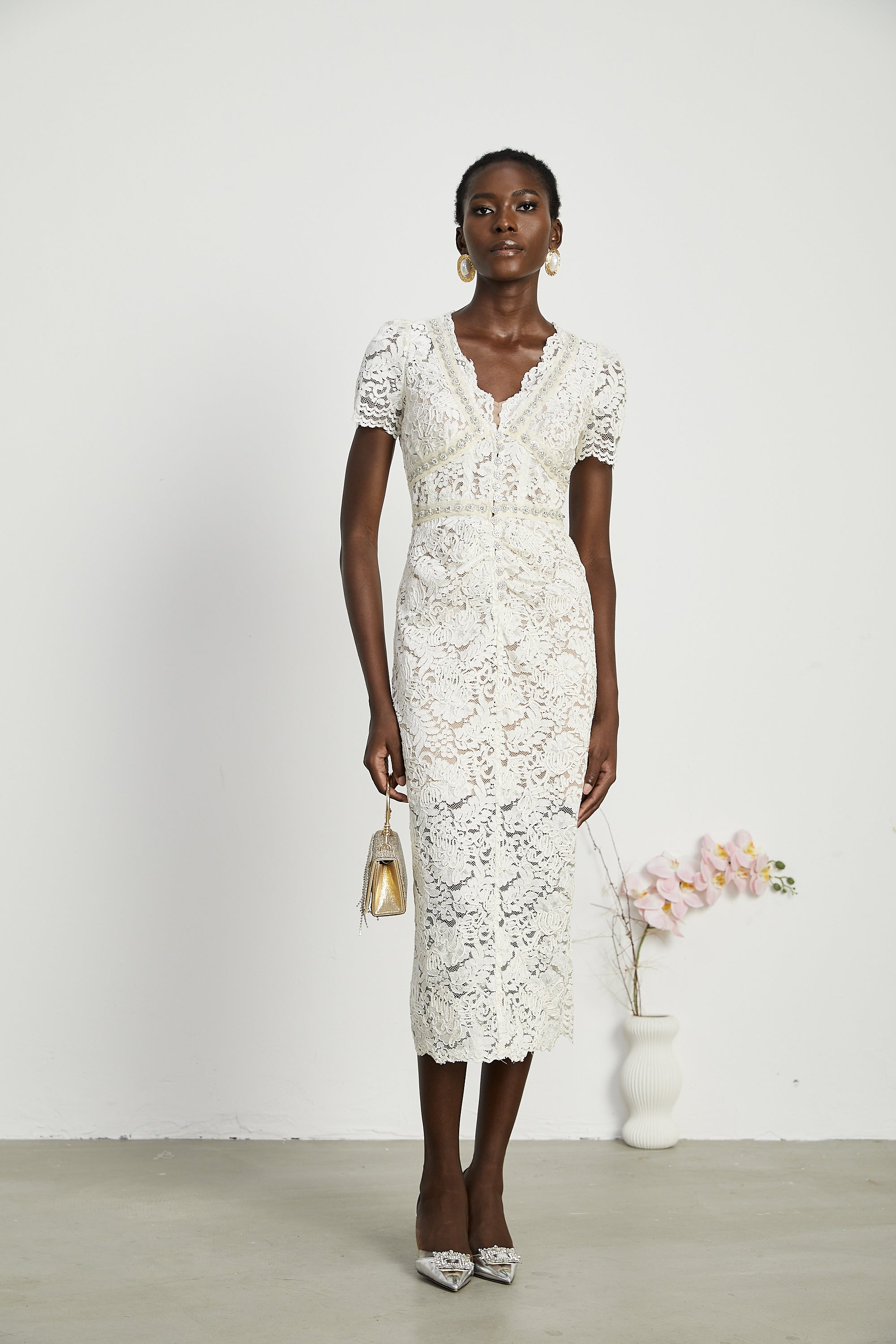 Kalena dantel midi elbise