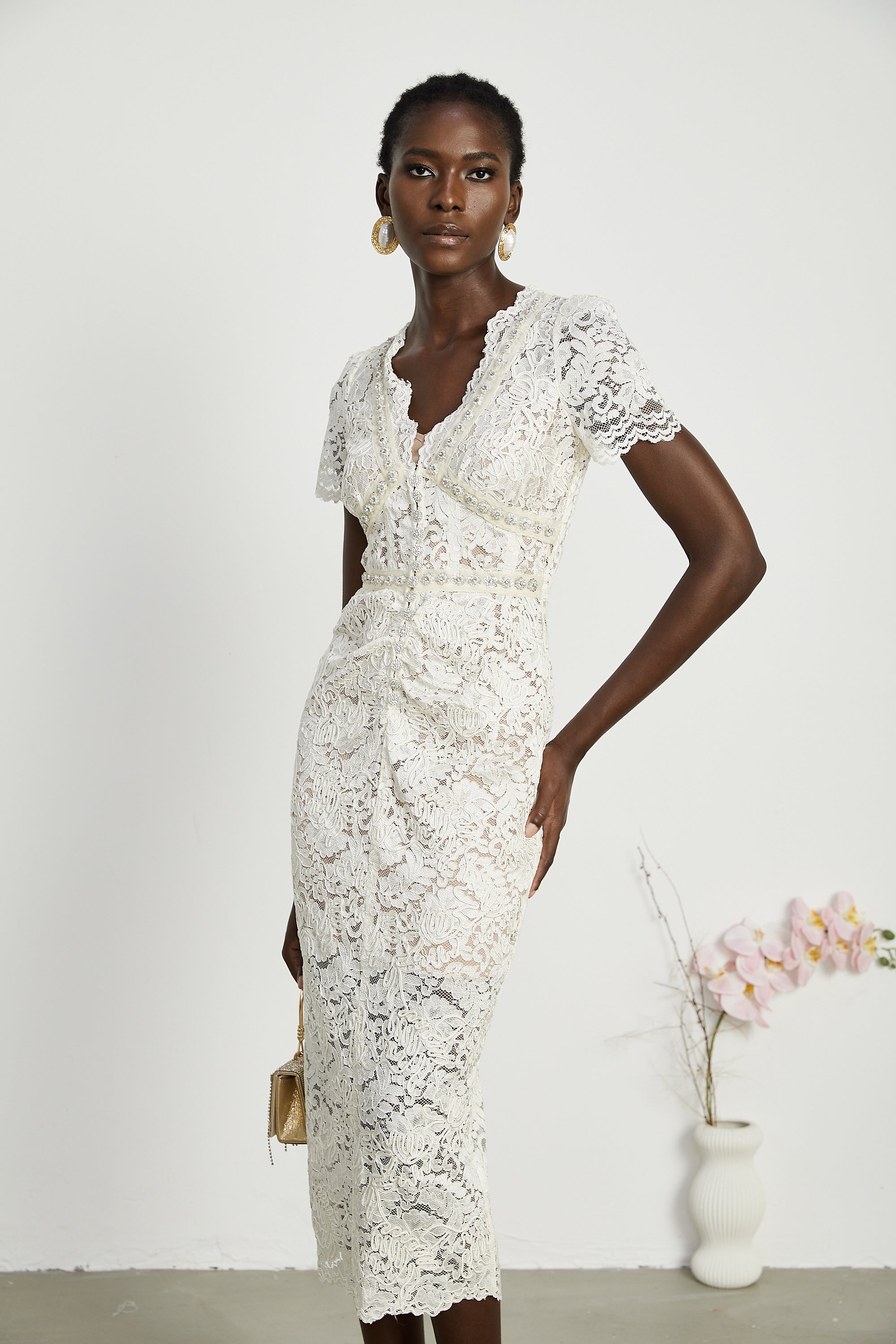 Kalena dantel midi elbise