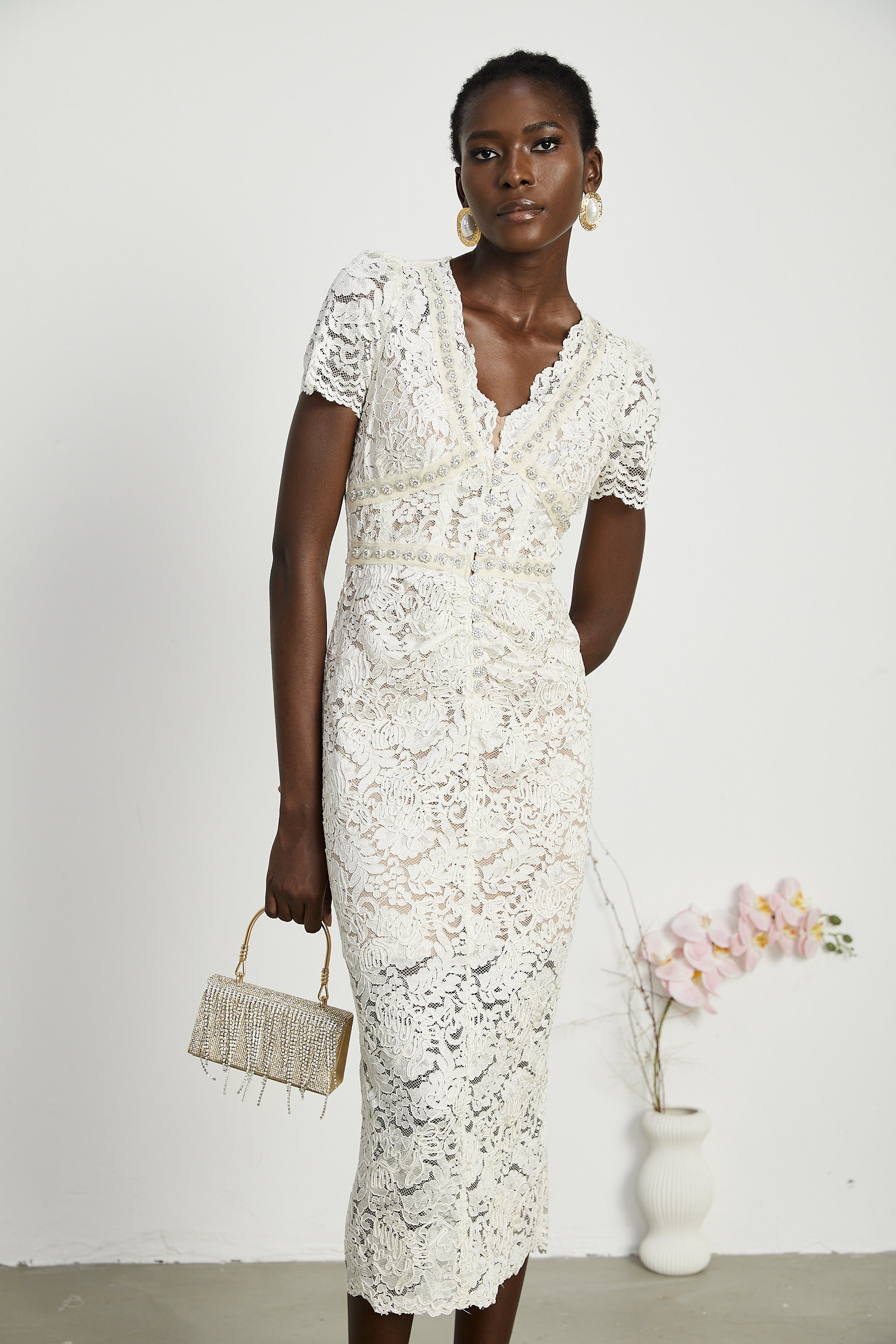 Kalena dantel midi elbise