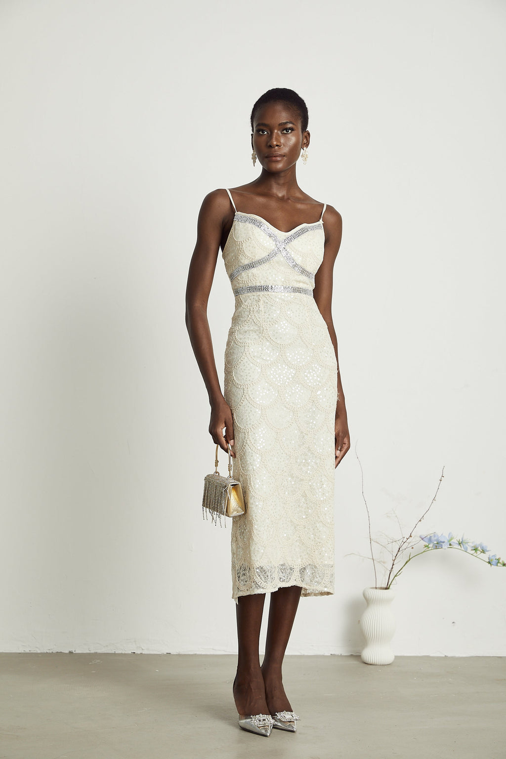 Nalini süslemeli midi elbise