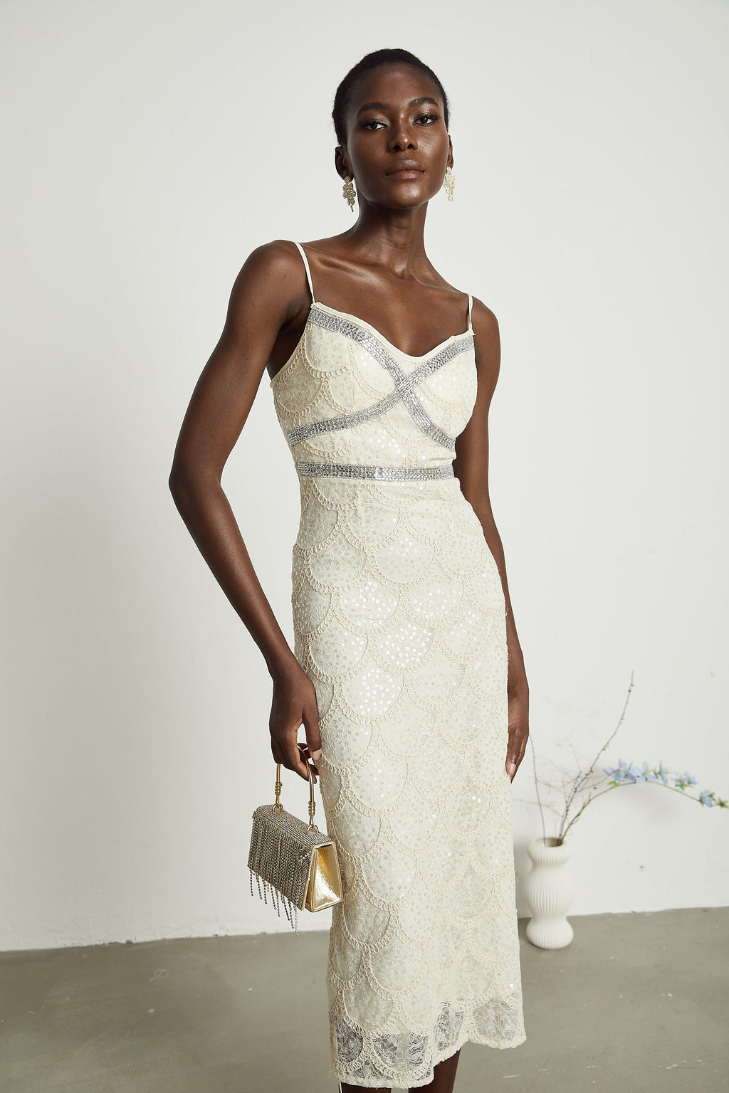 Nalini süslemeli midi elbise