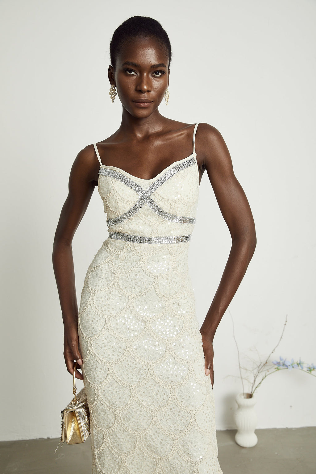 Nalini süslemeli midi elbise