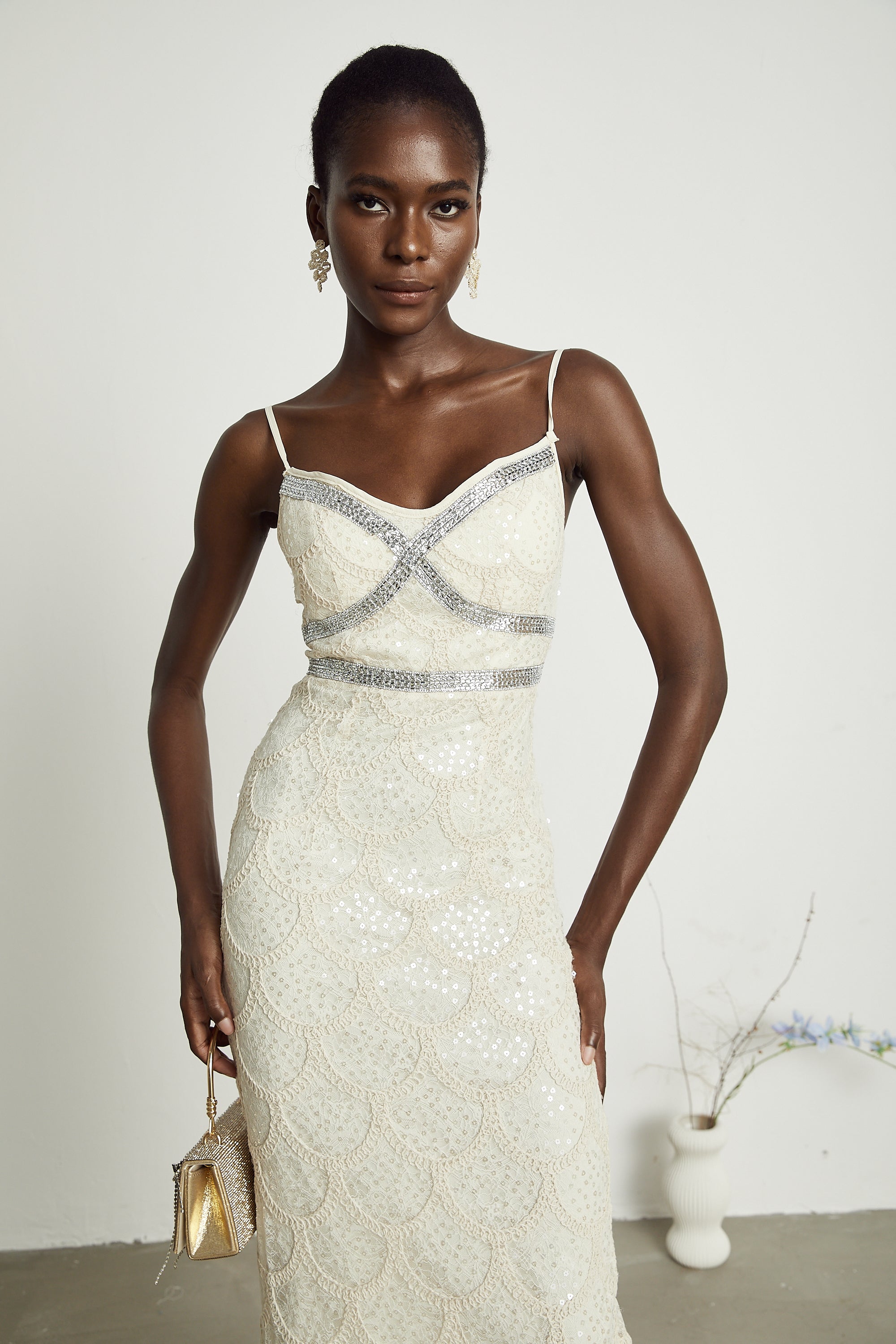 Nalini süslemeli midi elbise