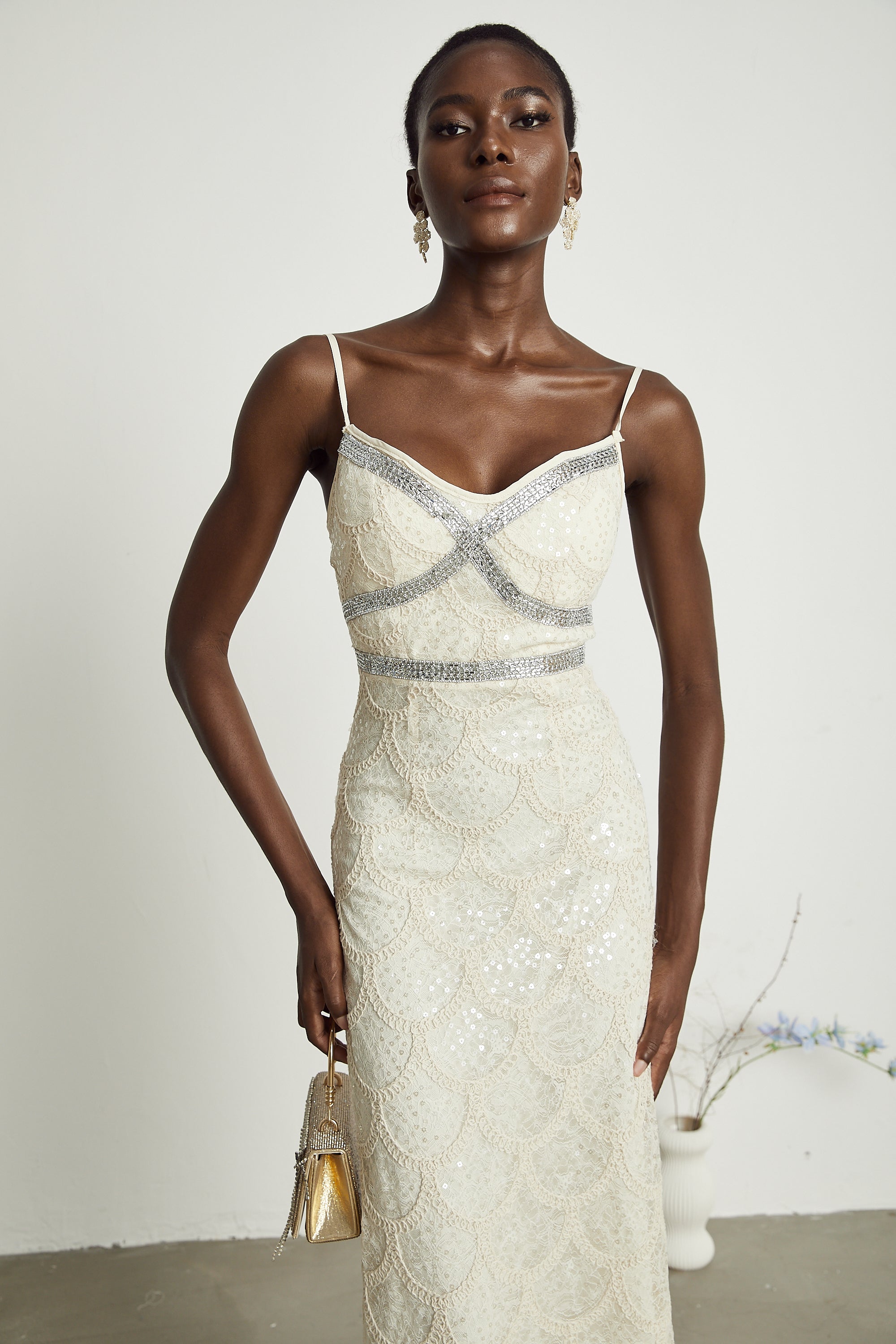 Nalini süslemeli midi elbise