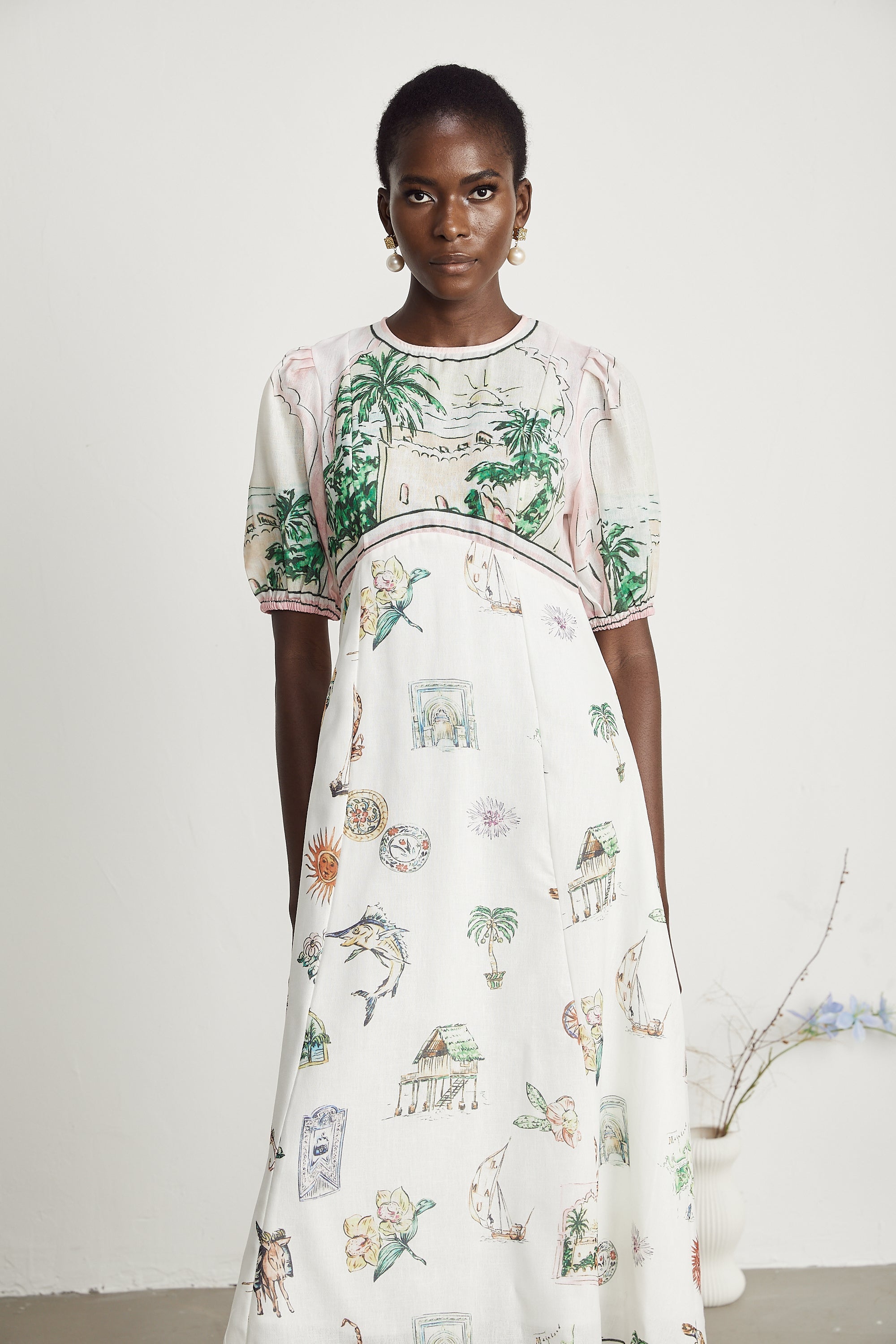 Pénélope desenli midi elbise