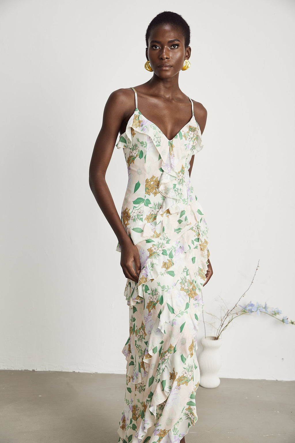 Isabeau fırfır maksi elbise