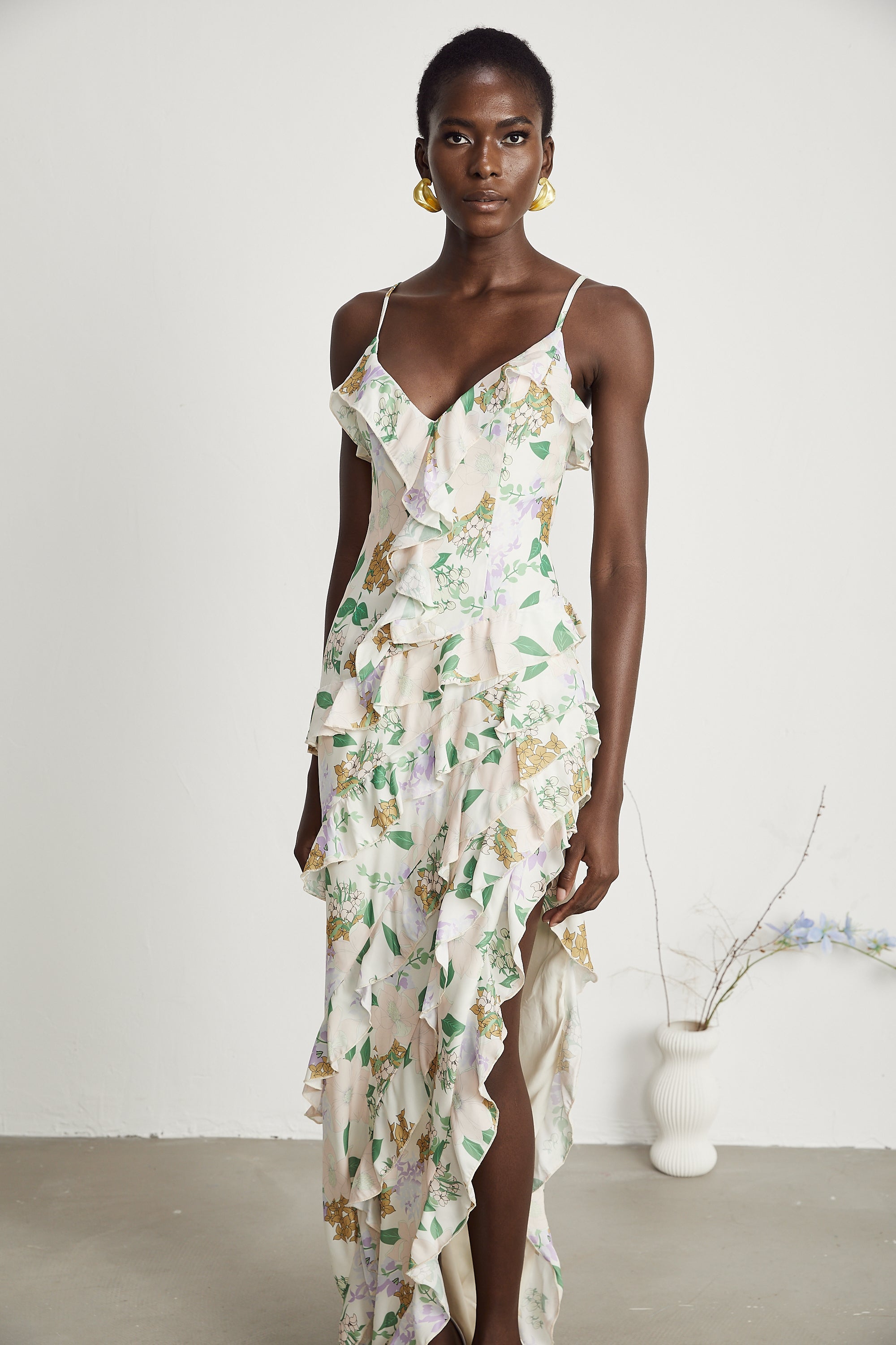 Isabeau fırfır maksi elbise