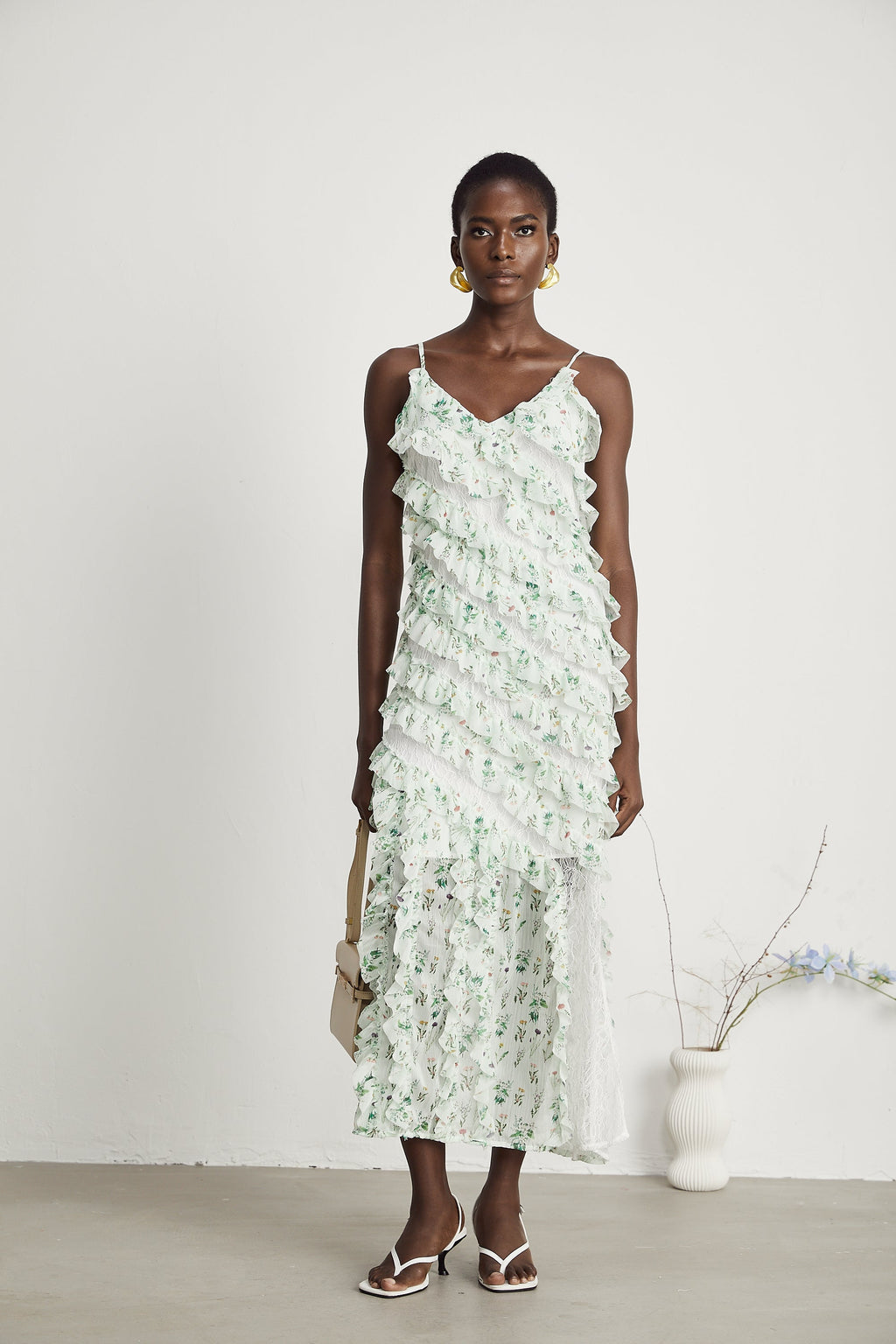 Céleste fırfır midi elbise