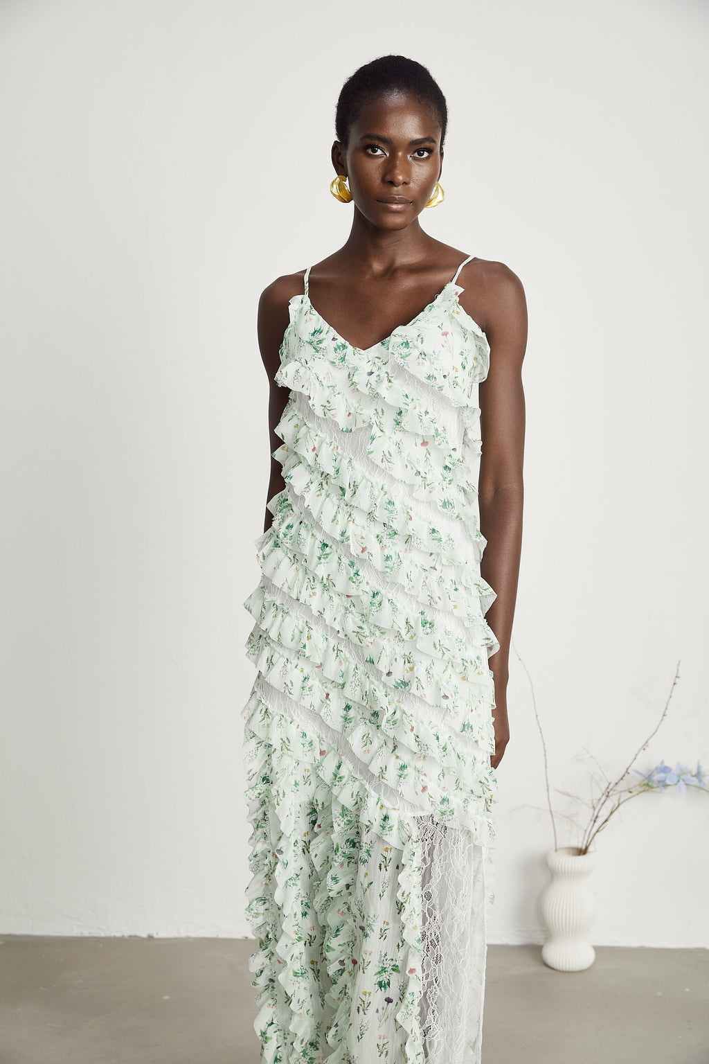 Céleste fırfır midi elbise