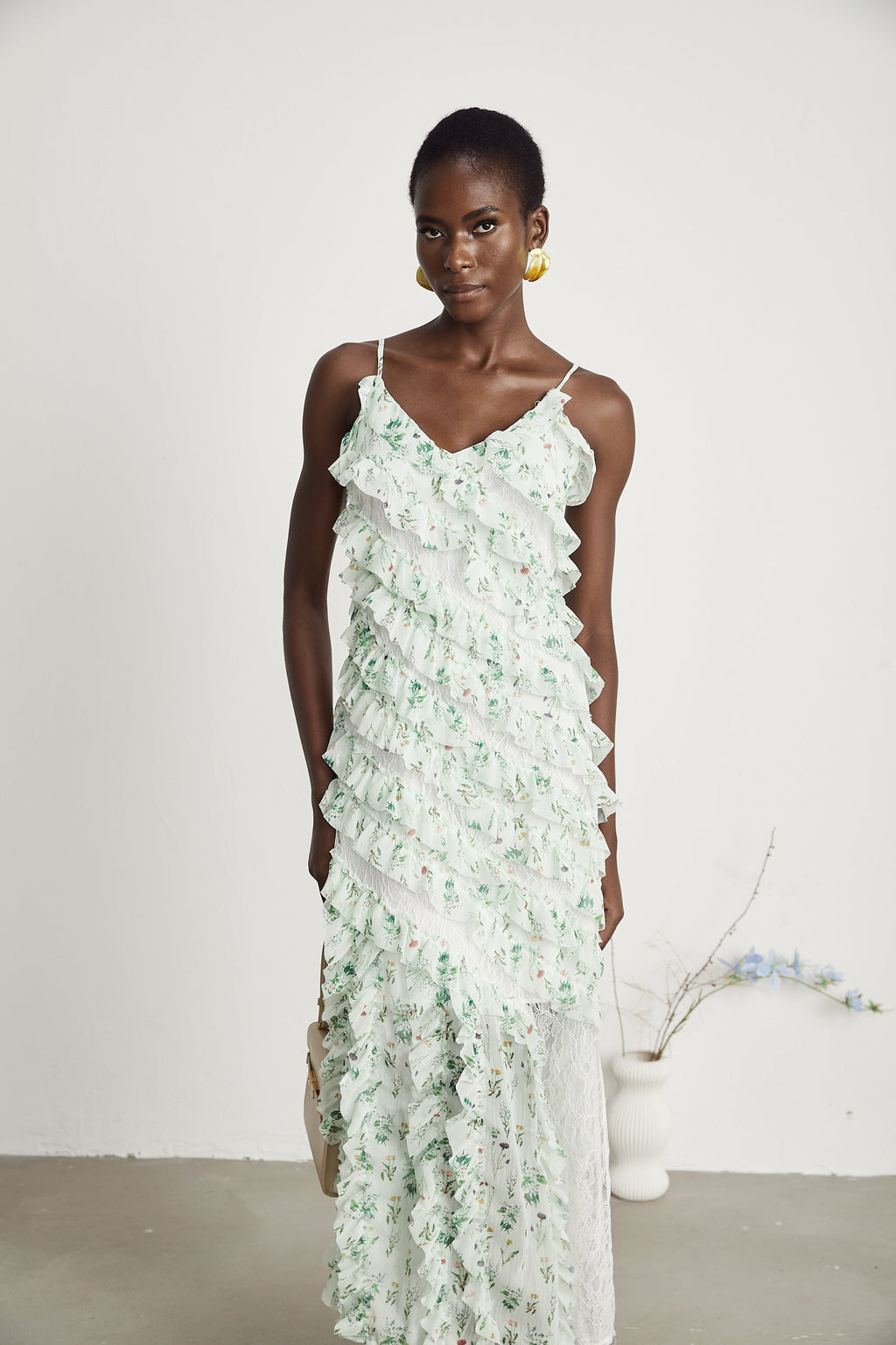 Céleste fırfır midi elbise