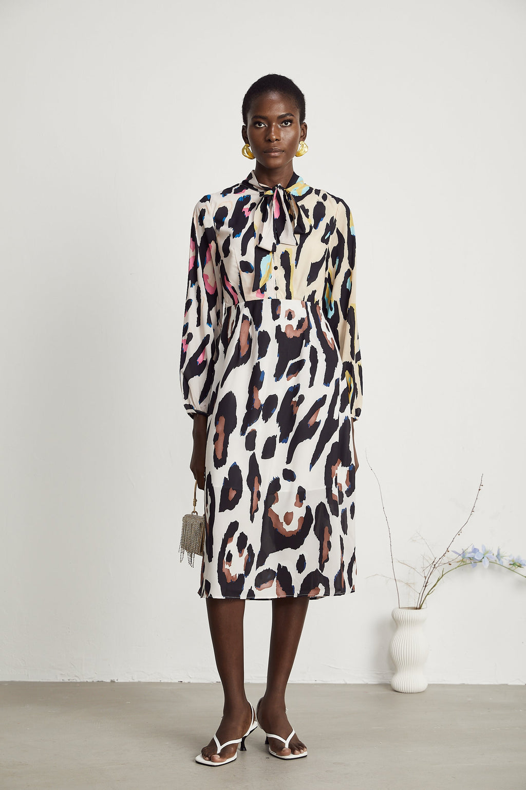 Kalena leopar midi elbise