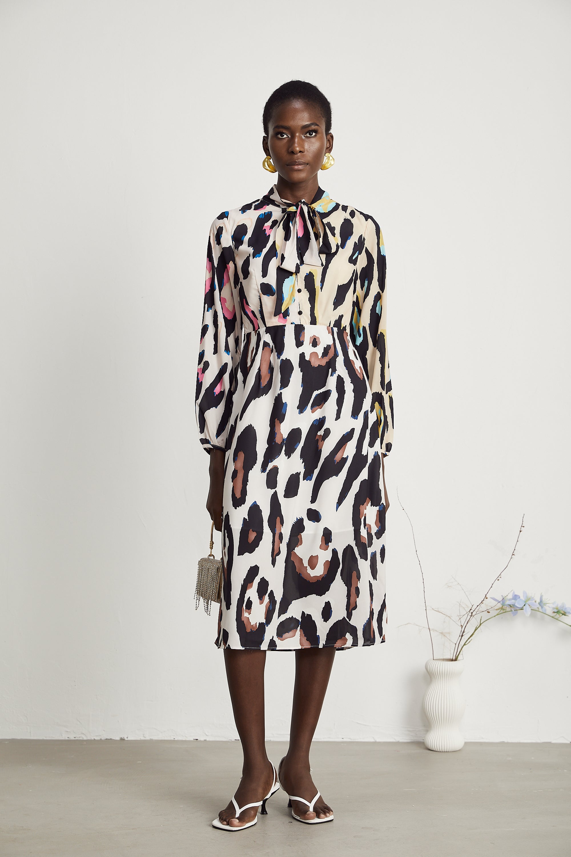 Kalena leopar midi elbise