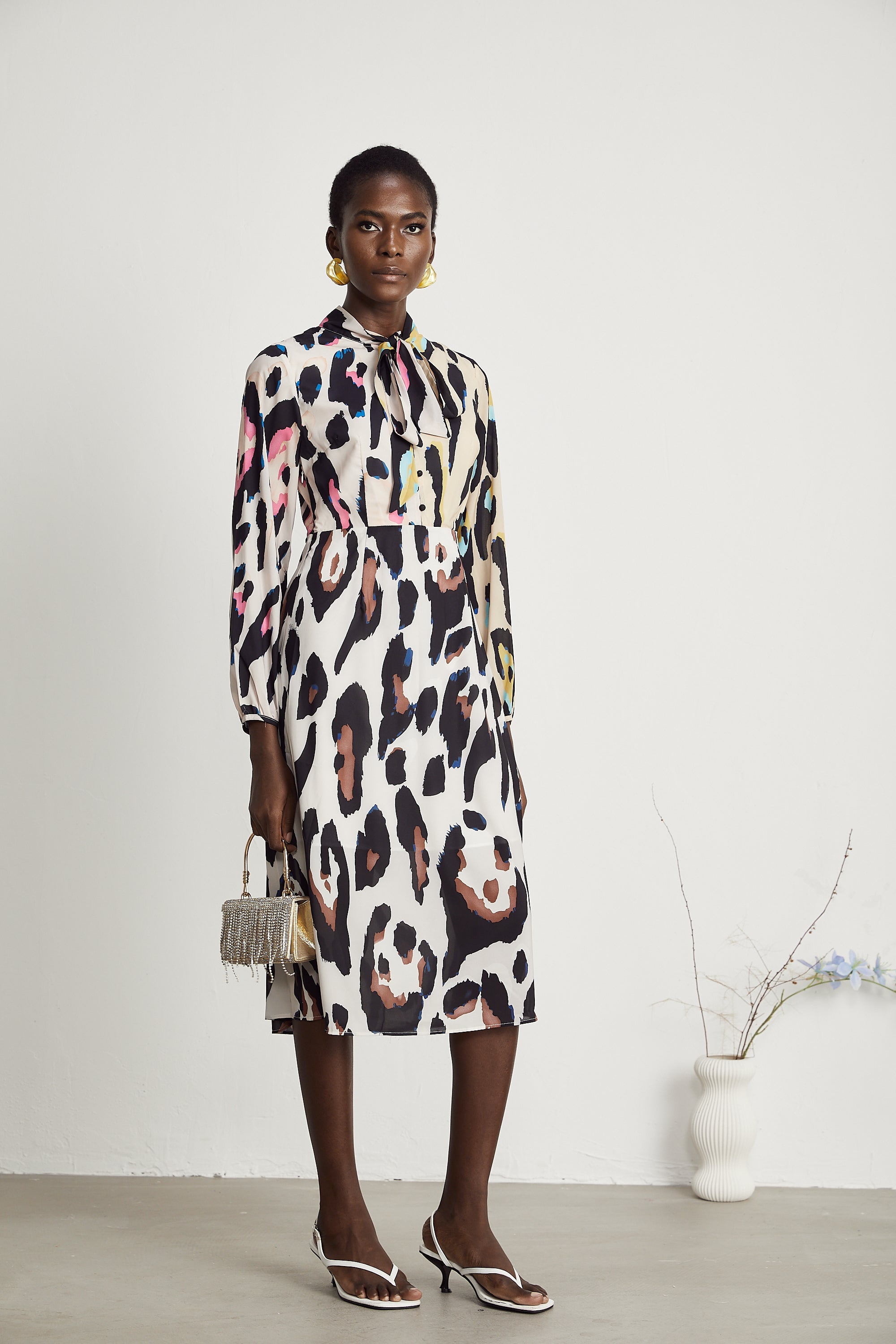 Kalena leopar midi elbise