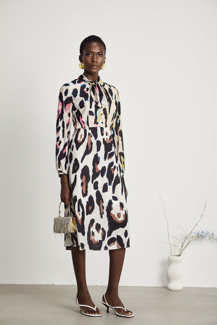 Kalena leopar midi elbise