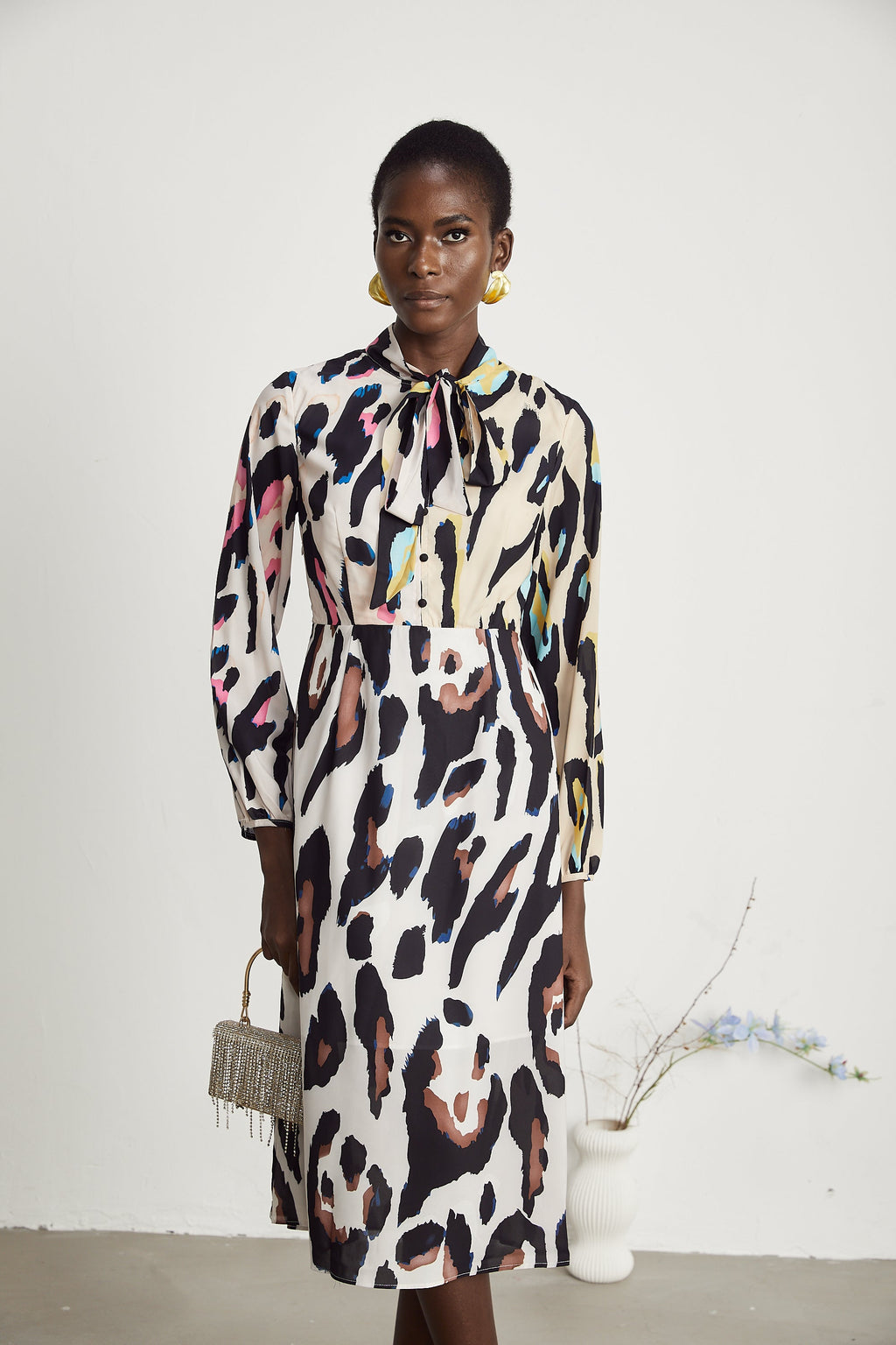 Kalena leopar midi elbise