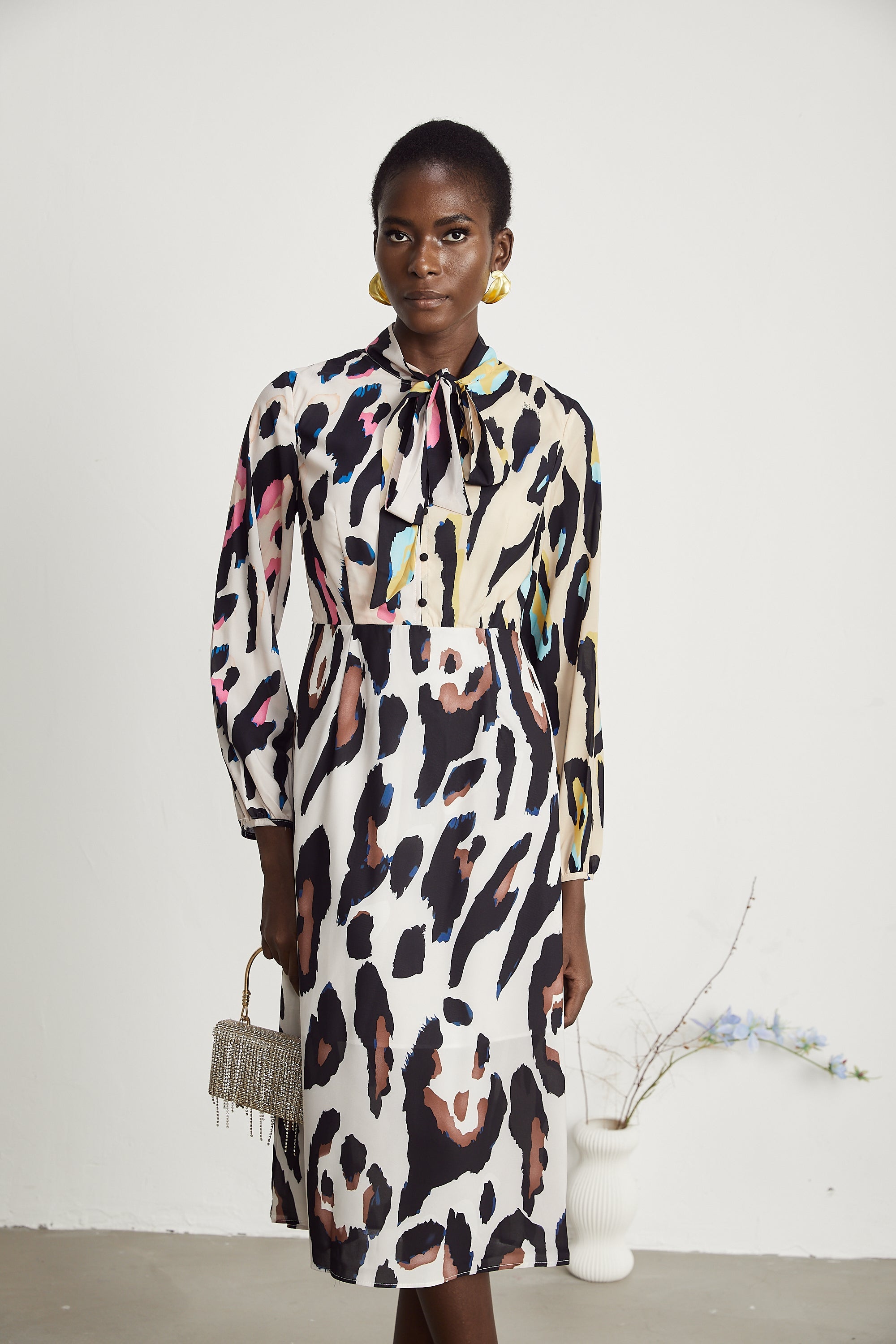 Kalena leopar midi elbise