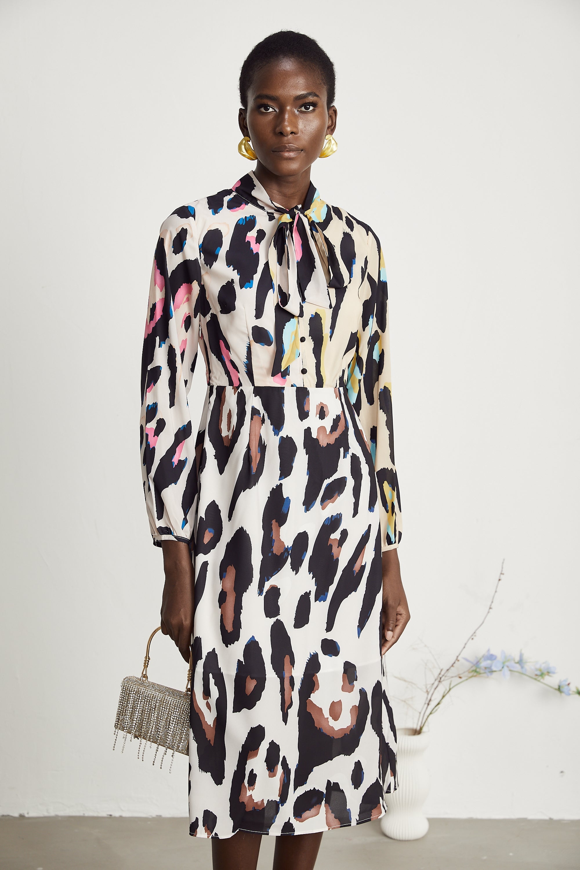 Kalena leopar midi elbise