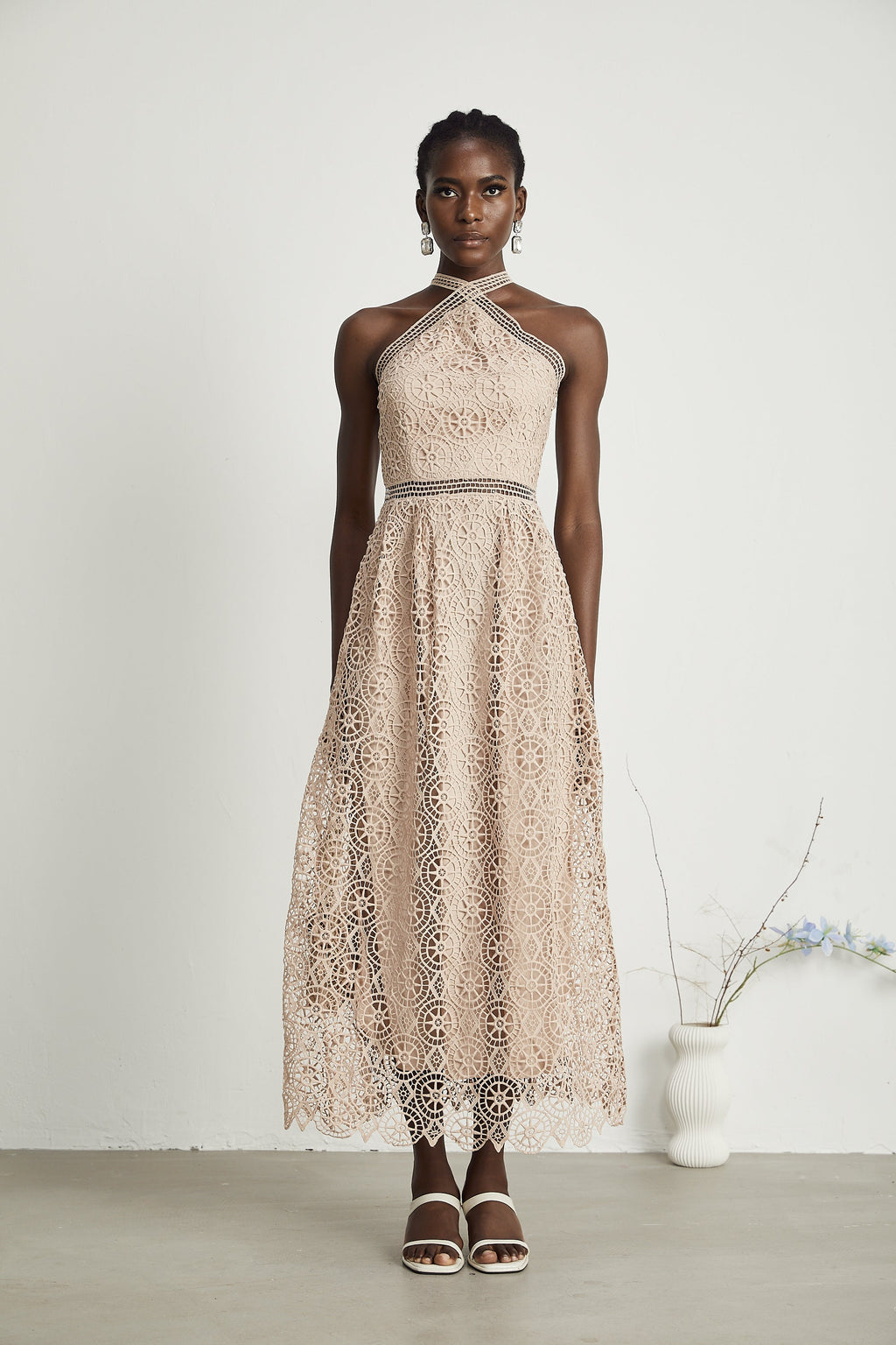 Ela dekolte midi elbise