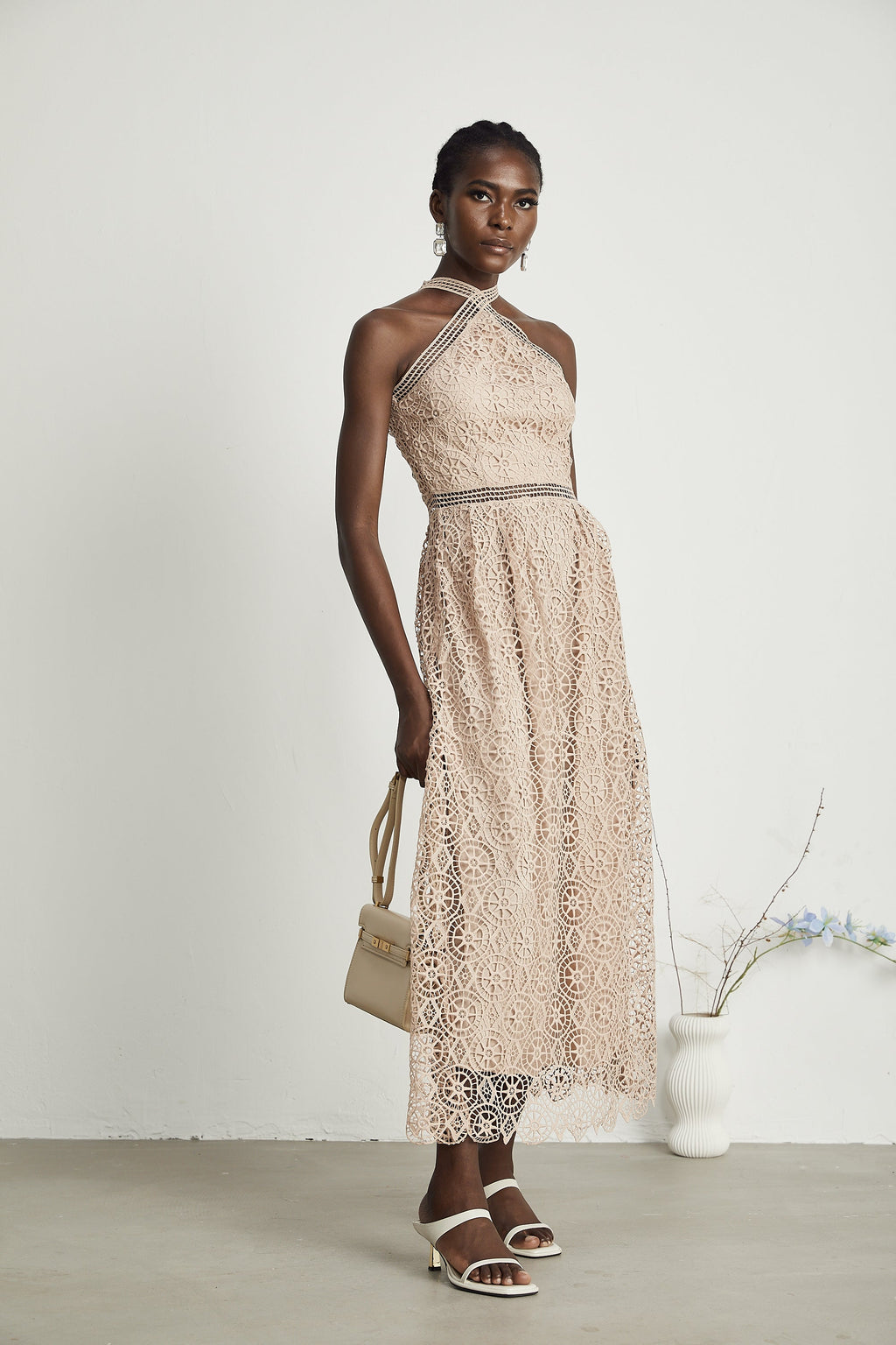 Ela dekolte midi elbise