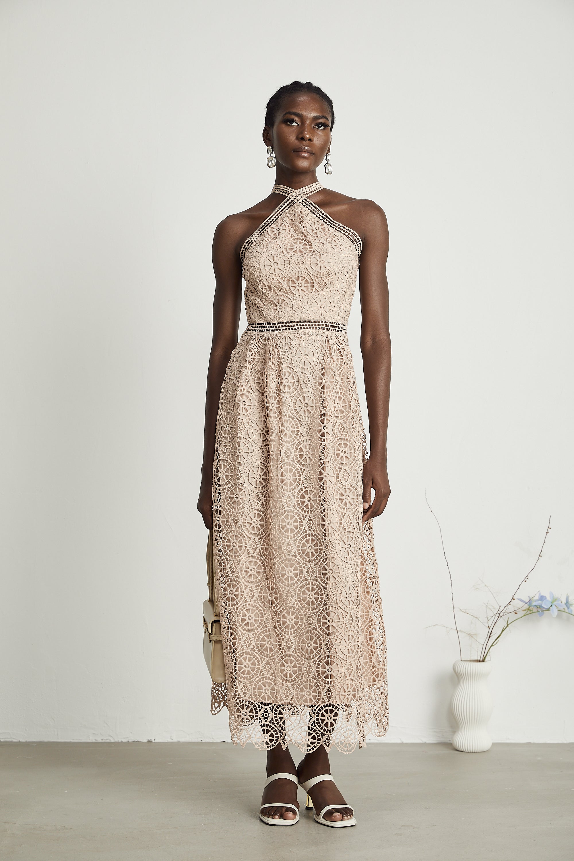 Ela dekolte midi elbise