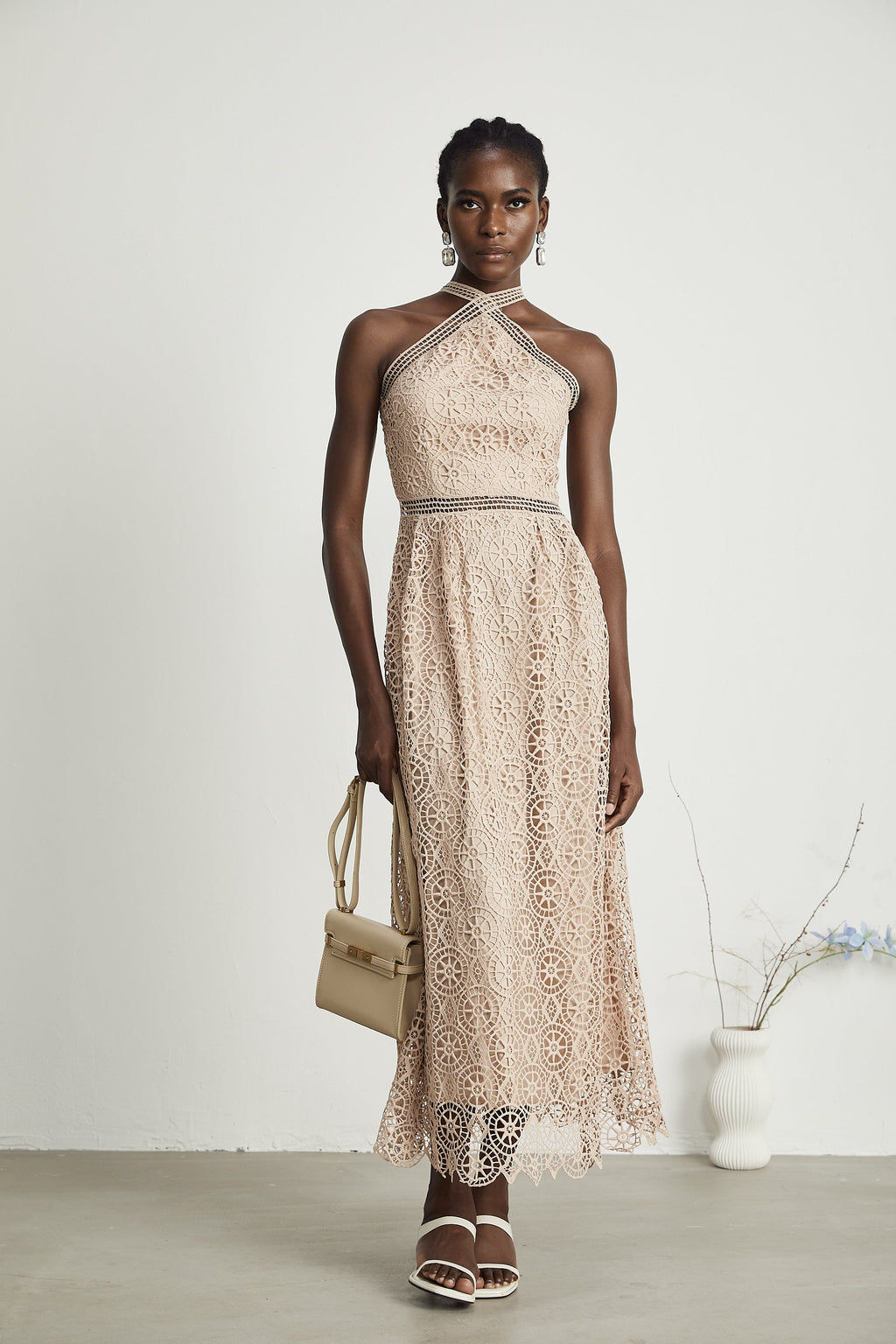 Ela dekolte midi elbise