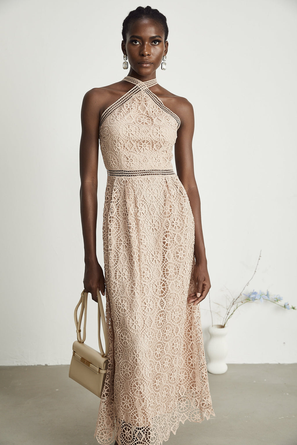 Ela dekolte midi elbise