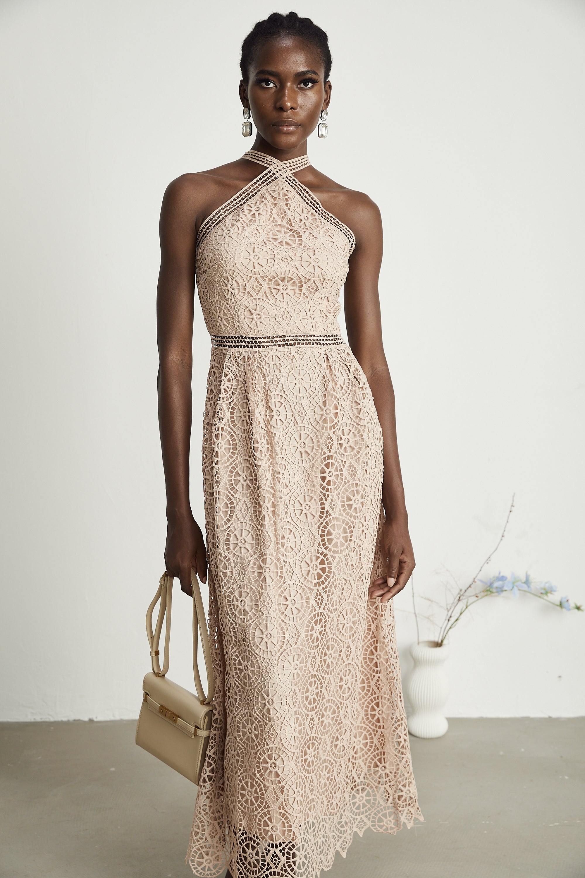 Ela dekolte midi elbise