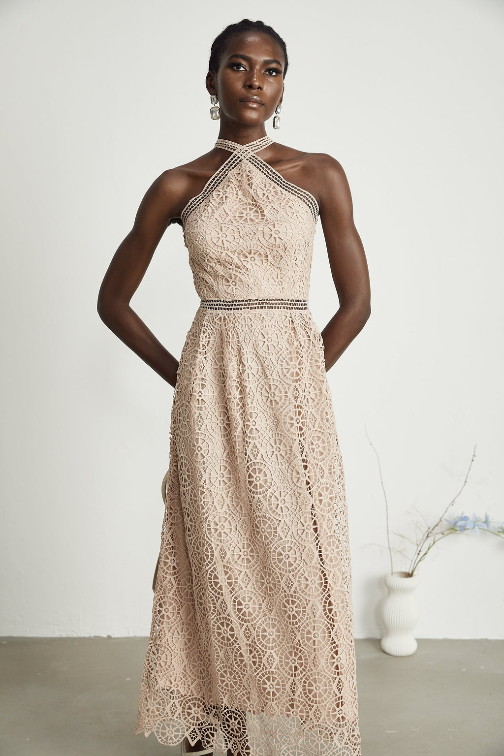 Ela dekolte midi elbise