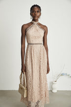 Ela dekolte midi elbise