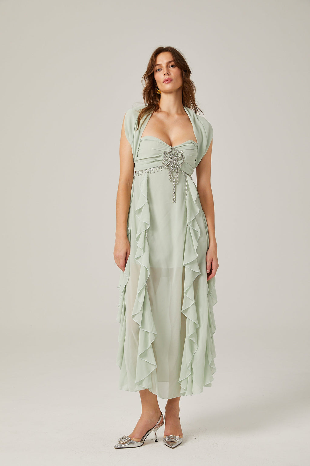 Salilah fırfırlı midi elbise