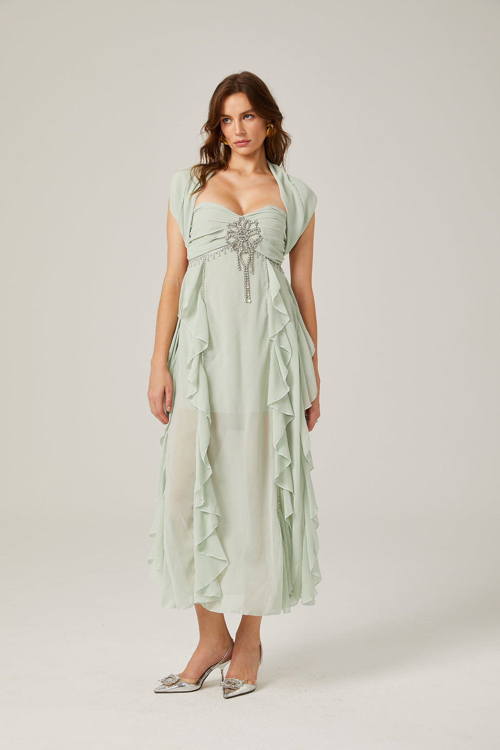 Salilah fırfırlı midi elbise