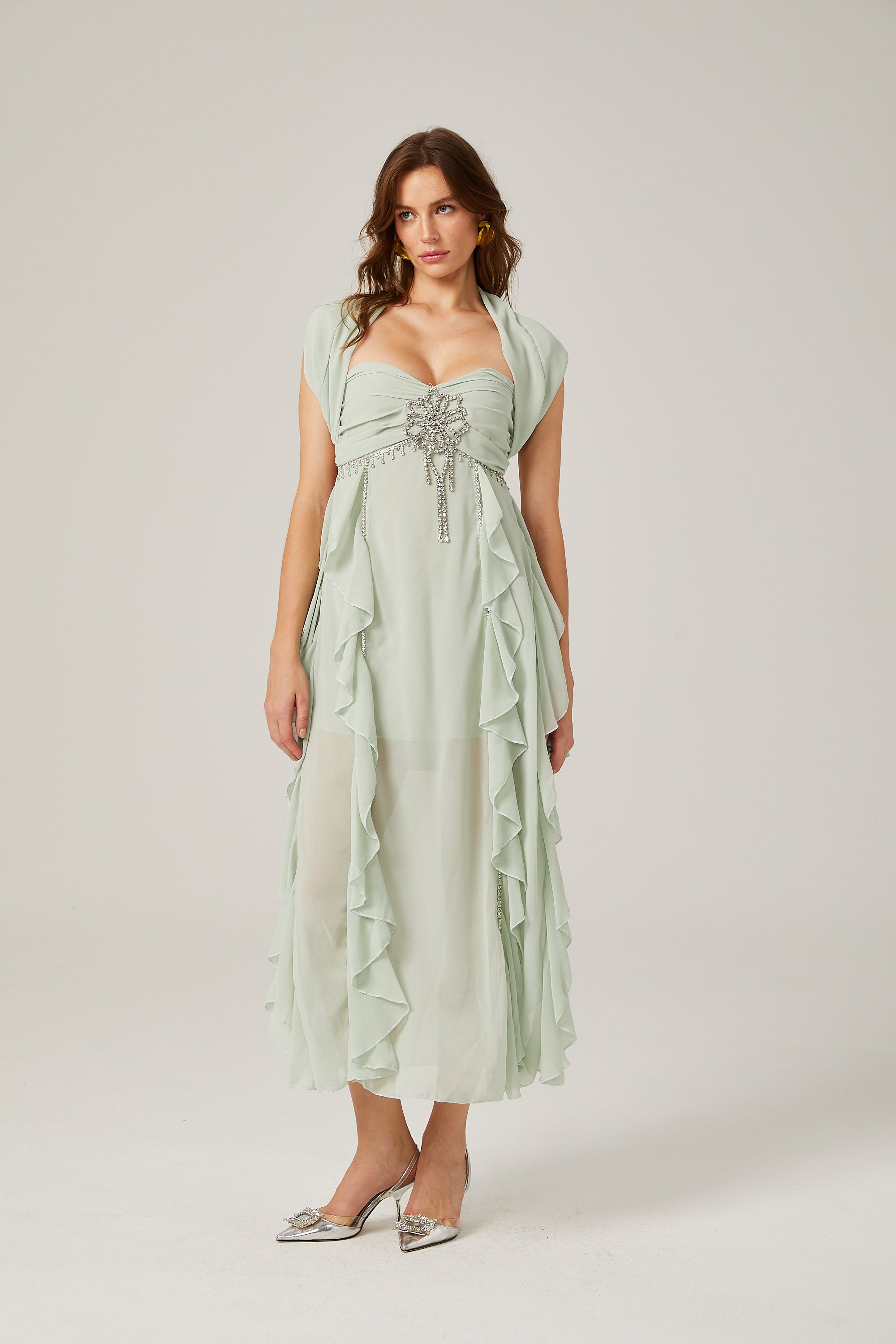 Salilah fırfırlı midi elbise