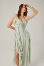 Salilah fırfırlı midi elbise