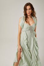 Salilah fırfırlı midi elbise