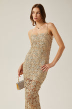 Çiçek İşlemeli Midi Elbise