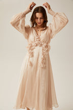 Lucie suni çiçek süslemeli midi elbise