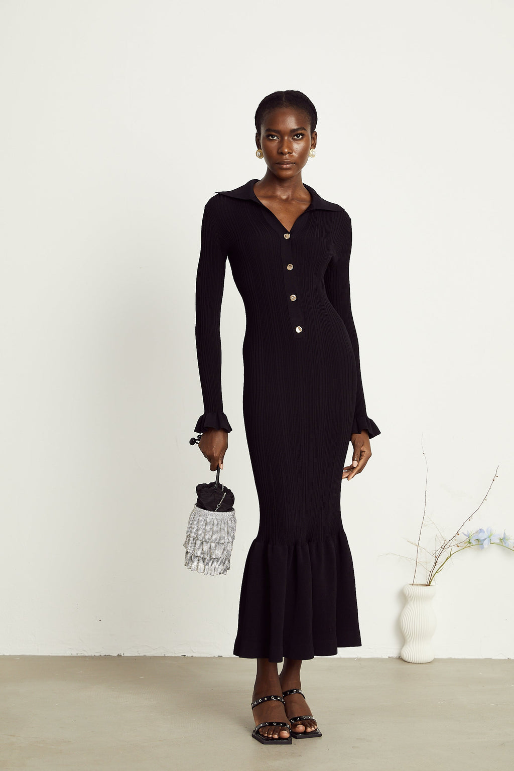 Priscille fırfırlı midi elbise