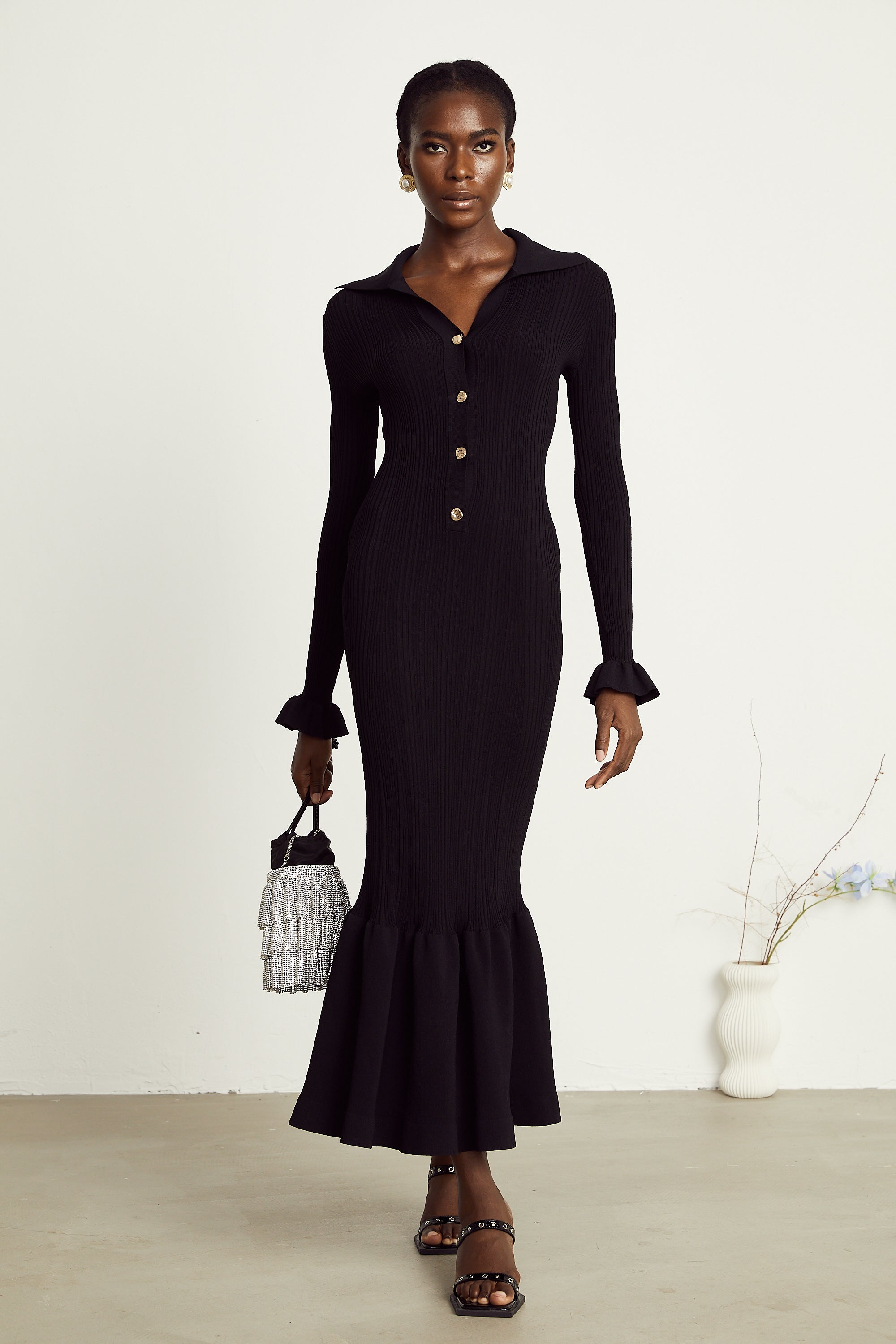 Priscille fırfırlı midi elbise