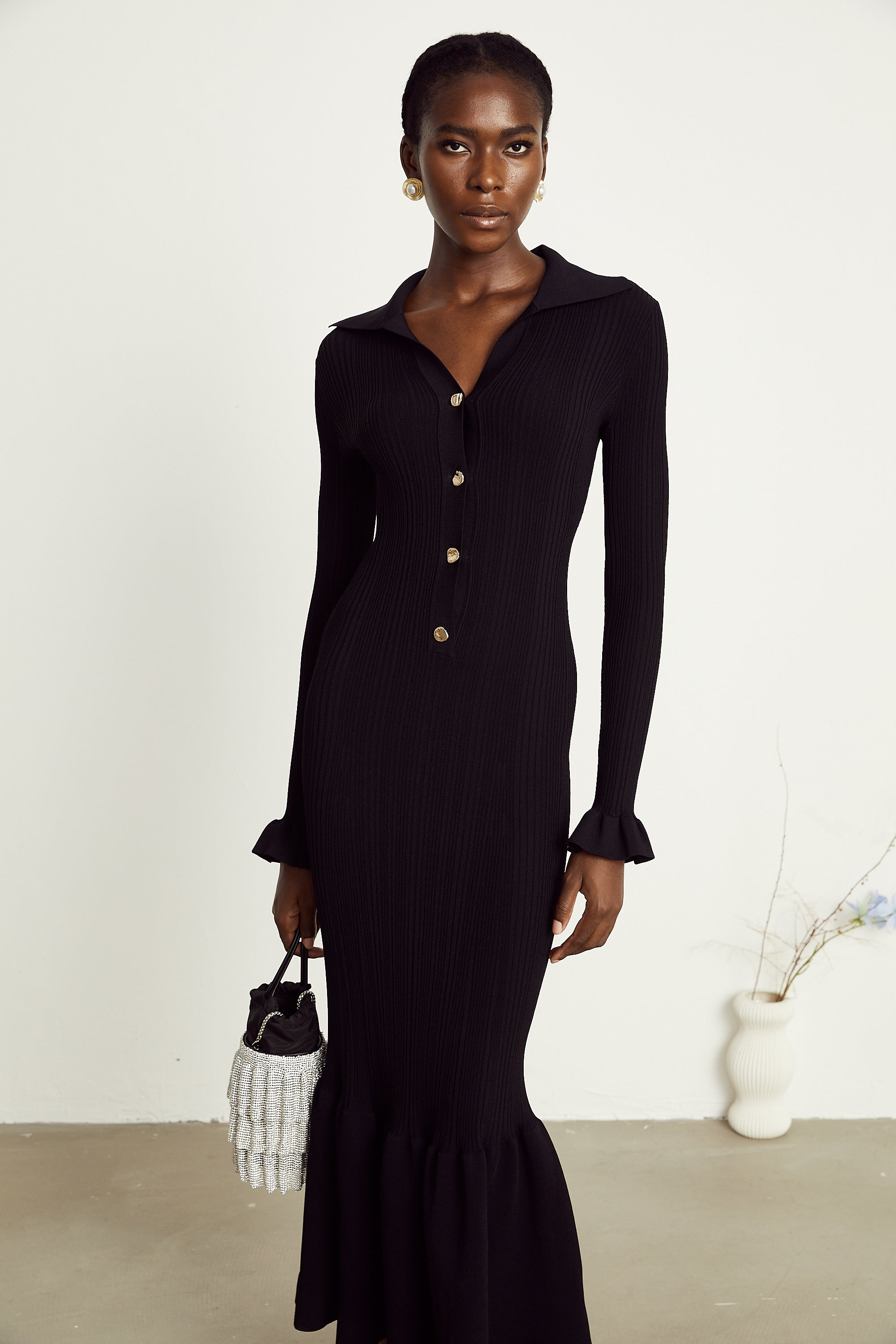 Priscille fırfırlı midi elbise