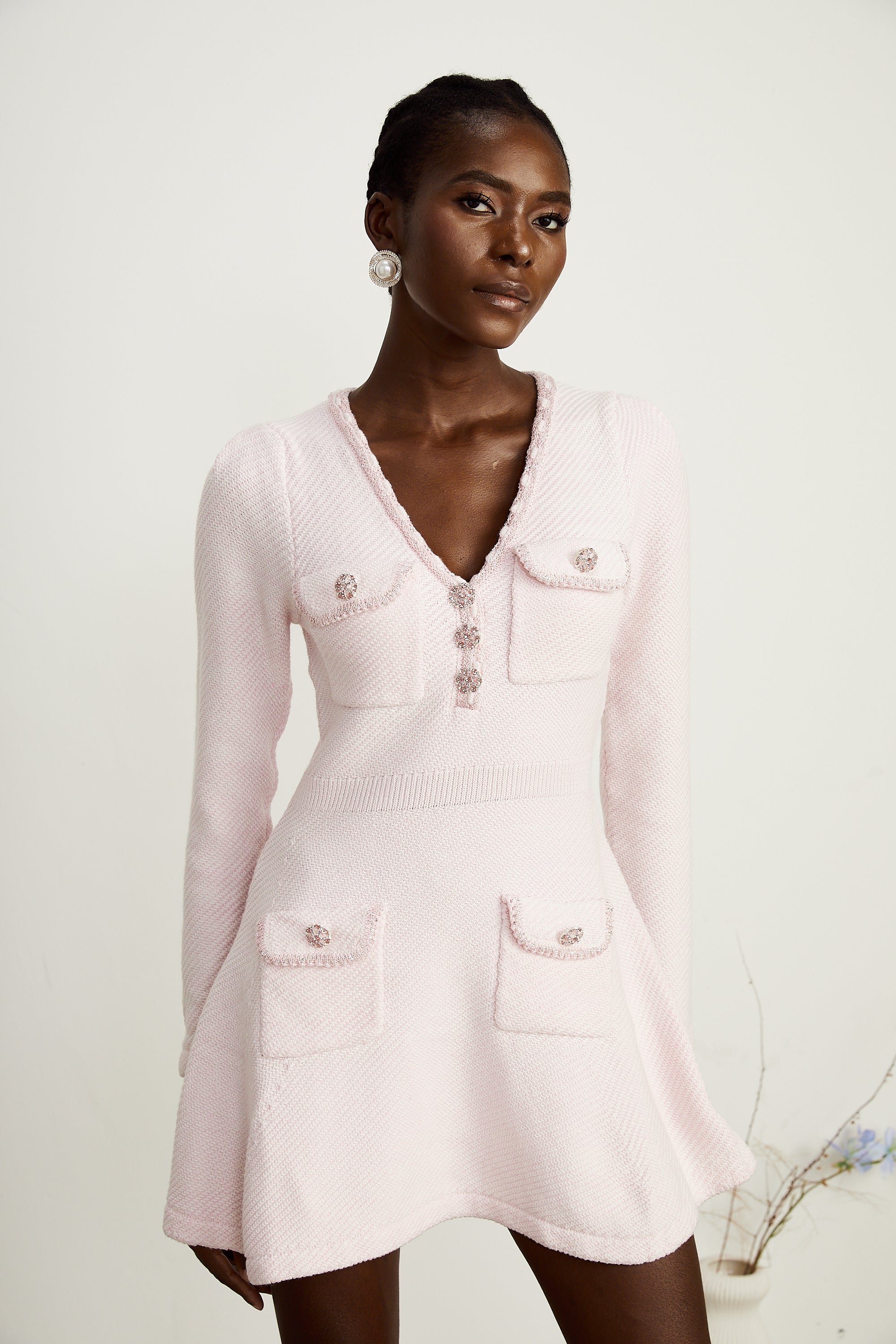 Karine V Yaka mini elbise