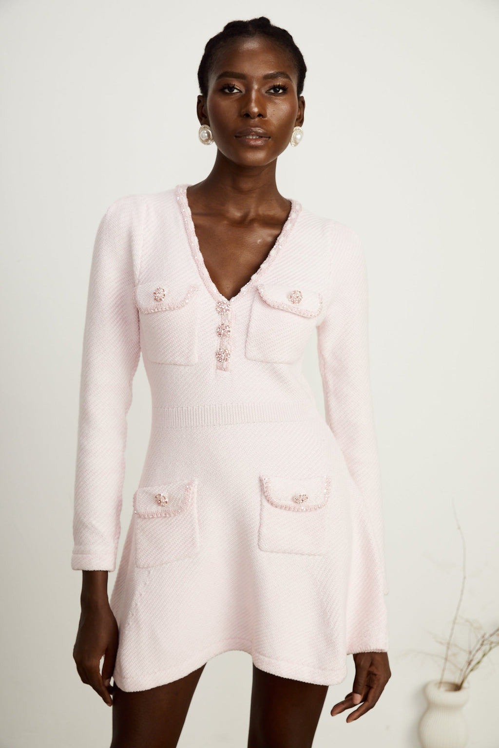 Karine V Yaka mini elbise