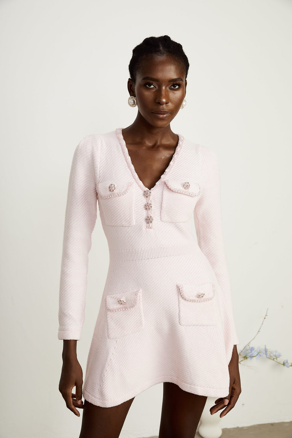 Karine V Yaka mini elbise